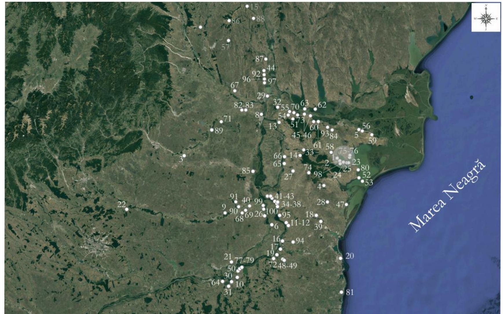 Fig. 1. Archaeological sites attributed to the Babadag culture: 1. Babadag—Cenituie, 2. Babadag—Rafarie; 3. Balteni; 4. Beidaud; 5. Bestepe; 6. Bordusani; 7. Brahasesti; 8. Braila; 9. Bucu; 10. Canlia; 11. Capidava—La bursuci; 12. Capidava— necropola tumulara romana, 13. Carcaliu; 14. Carjelari; 15. Cavadinesti; 16. Cernavoda—Dealul Sofia, 17. Cernavoda—/a 10  km S de oras; 18. Cheia; 19. Cochirleni; 20. Constanta; 21. Coslogeni; 22. Dridu; 23, Enisala—Cetatea Medievala, 24.  Enisala—Fermd;, 25. Enisala—Palanca; 26. Facaieni; 27. Fagarasu Nou; 28. Fantanele; 29. Galati; 30. Galita; 31. Garlita;  32. Garvan; 33. General Praporgescu; 34. Ghindaresti—Dealul Celea Mare; 35. Ghindaresti-La Far, 36. Ghindaresti—/a S de sat, 37. Ghindaresti—/ocul de incarcare al slepurilor, 38. Ghindaresti—Valea Cichirgeanai; 39. Gura Dobrogei; 40. Hagieni; 41. Harsova—La /ac; 42. Harsova—Rasim, 43. Harsova—Tell-ul gumelnitean; 44. Yjdileni; 45. Isaccea—Cetatea  Noviodunum; 40. Isaccea—strada Suhat; 47. Istria—Cetatea Histria, 48. Ivrinezu Mic—marginea de V a satului, 49, Ivrinezu  Mic—pe malul lacului Cochirleni; 50. Izvoarele; 51. Jijila; 52. Jurilovca—Cetatea Orgame; 53. Jurilovca—Insula Bisericuta; 54. Luncavita—Te/l-u/ gumelnitean; 55. Luncavita—Valea Joiter, 56. Mahmudia; 57. Mandresti; 58. Mihai Bravu; 59. Murighiol, 60. Niculitel—Cornet, 61. Niculitel-Manastirea Saon; 62. Novoselskoe I; 63. Orlovka I; 64. Ostrov—canabae Aeliae; 65.  Ostrov—Cetatea Beroe; 66. Peceneaga—Piscul Sarat, 67. Piscu; 68. Platonesti-La Crama; 69. Platonesti-Valea Babi; 70.  Rachelu; 71. Ramnicelu; 72. Rasova; 73. Revarsarea; 74. Sambata Noua; 75. Sarichioi—La grading, 76. Sarichioi—La bursuci, 77. Satu Nou—Coftul Pietrii, 78. Sata Nou—/a N de dealul Cetatii, 79. Satu Nou—Valea lui Voicu; 80. Salcioara; 81. Schitu; 82. Silistea—Conac; 83. Silistea—Popind,; 84. Somova; 85. Spiru Haret; 86. Stietesti; 87. Stoicani; 88. Suceveni; 89.  Sutesti; 90. Tandarei—La spital, 91. Tandarei—Lacul Strachina; 92. 'Tatarca—cimitirl actual, 93. 'Telita; 94. Tibrinu; 95.  Topalu; 96. Tulucesti; 97. Vanatori; 98. Visterna; 99. Vladeni—La vii; 100. Vladeni—Popina Blagodeasca.  the eponym site was conducted almost without interruptions between 1962 and 2010. The archaeological layers reaching more than 2 m in depth point towards a prolonged habitation of this site which probably occupied an important strategic position in the region. The exceptional status of the settlement from  Babadag (Tulcea county) is also emphasised by the impressive defensive ditch, which had in some areas an opening reaching 19 m and a depth of more than 4 m.? 