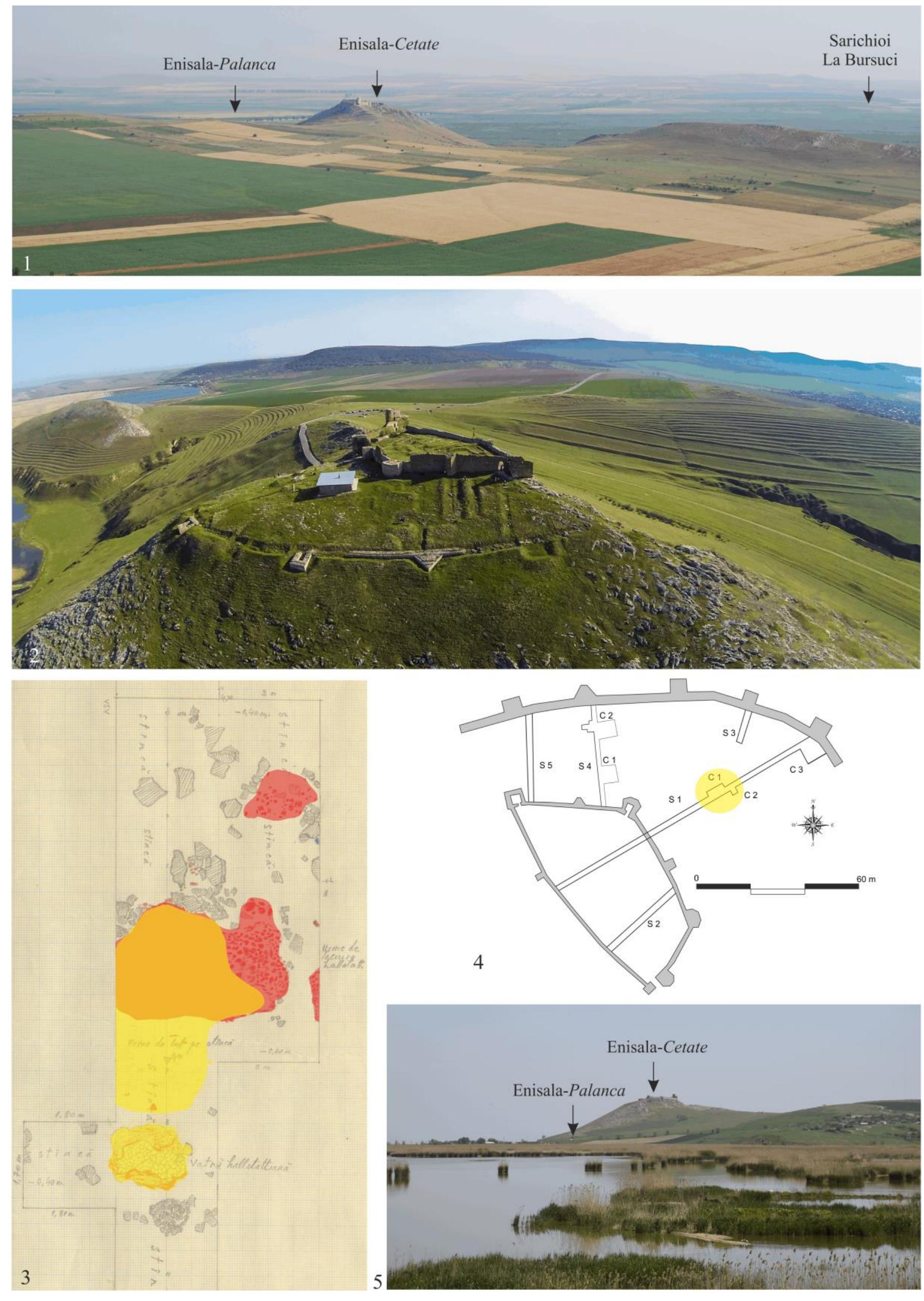 Fig. 4. Enisala—Cetatea medievala. 1. View from the south; 2. View from north-west; 3. The partial plan of the archaeological excavations during 1964; 4. The plan of the medieval fortification; 5. View from the west (from the site Enisala—Ferma).  A Travel Back in Time. The Babadag-Enisala Area at the Beginning of 1st Millentum BC 