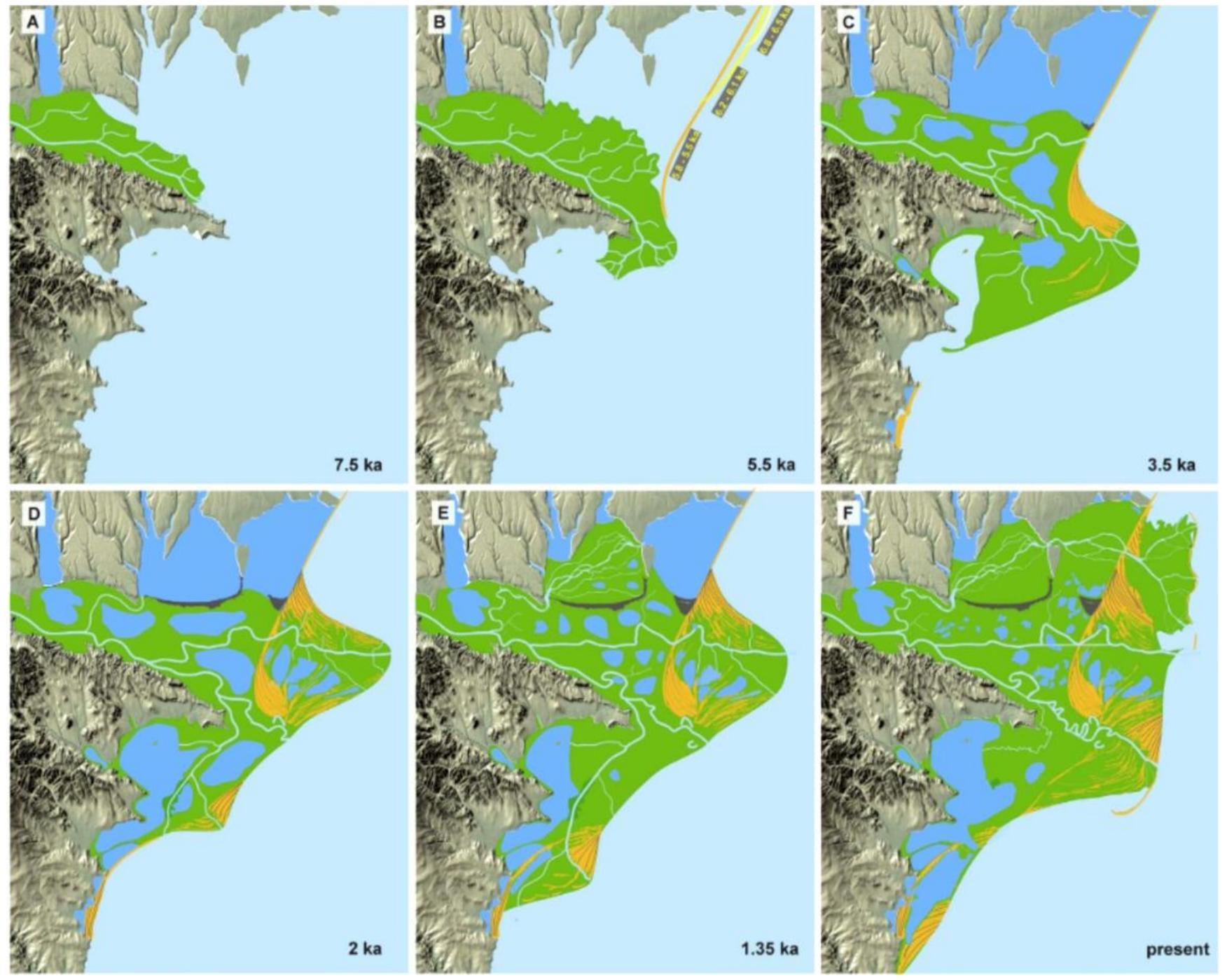 Fig. 13. The succession of the phases of evolution for the Danube Delta (after Vespremeanu-Stroe et al. 2017).  A Travel Back in Time. The Babadag-Enisala Area at the Beginning of 1st Millentum BC 