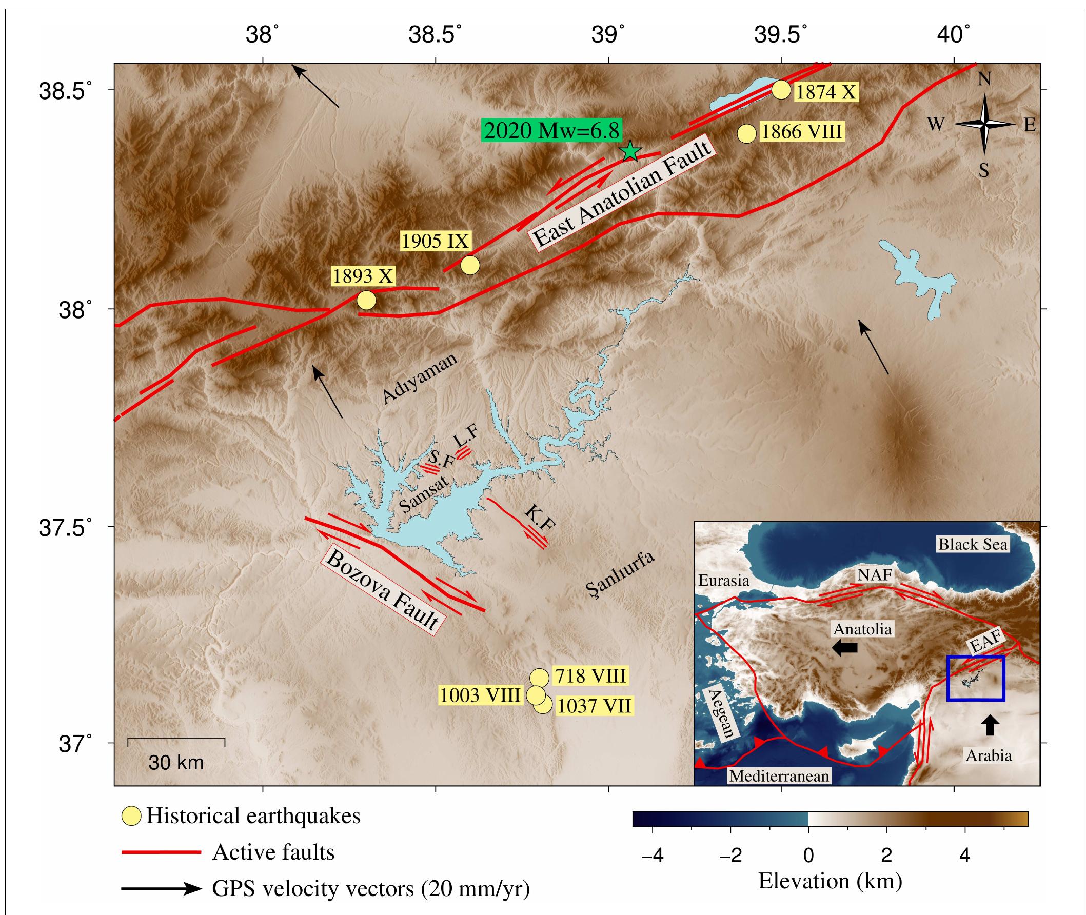 FIGURE 1 | Map of the Atattirk Dam and its vicinity. Thick red lines indicate active faults in the region obtained from the European Database of Seismogenic Faults (EDSF; Basili et al., 2013), and thin red lines illustrate the local faults; SF: Samsat Fault, KF: Kalecik Fault: LF: Lice Fault (General Directorate of Mineral Research anc Exploration of Turkey; Perincek et al., 1987; MTA, 2020). Yellow circles show historical earthquakes (Soysal et al., 1981; Ambraseys, 1989; Ambraseys and Jackson 1998; the improved historical earthquake catalog of Turkey and its surroundings (https://deprem.afad.gov.tr/tarinseldepremler; AFAD, 2020; last accessed June 2020). The green star shows the location of the recent 2020 Elazig-Sivrice earthquake caused by the reactivation of EAF, which had been silent for more than one century. Black arrows show GPS velocity vectors in the area (McClusky et al., 2000). The inset panel shows tectonic plates and boundaries surrounding Turkey, where red lines indicate main plate boundaries (Bird, 2003), and black arrows show the relative motion of Arabian and Anatolian Plates roughly. The blue rectangle  shows the study area, which is enlarged on the map. 