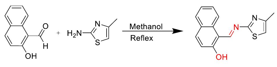 Scheme 1 Synthetic route to chemosensor SBI.  There is a growing demand to design and synthesize highly selective, sensitive, and low cost chemosensors for the detec- tion and determination of Cu** ions. Hence, the design and synthesis of a spectrophotometric chemosensor for the detec- tion and determination of Cu’ * ions would be the most attrac- tive [28-30]. The N-, O- and S- containing compounds especially Schiff bases which can act as ligands, are regarded as organic chemosensors with higher sensitivity, selectivity, and low manufacturing costs. These ligands can readily form metal complexes with various metal ions and stabilize them in a different oxidation states and give measurable analytical signals [24]. Herein, we report a facile, selective, sensitive, cost-effective, and colorimetric chemosensor SB1 to determine the trace amount of Cu** ions in different environmental and agricultural samples. The chemosensor SB1 was synthesized by the condensation reaction of 2-amino-4-methyl thiazole and 2- hydroxy-1- naphthaldehyde in methanol as solvent (Scheme 1). The chemosensor SBI can help to detect Cu?* ions via com- 