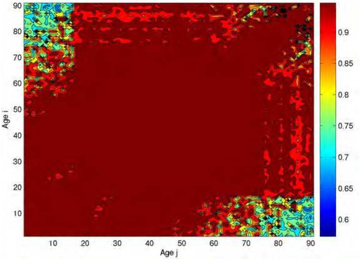 Figure 2.16: Probability of transmission between someone of age i and someone of 