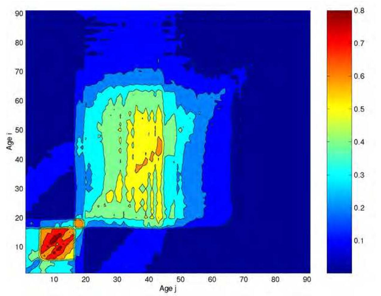 Figure 2.17: Adequate contact matrix #¥j.. The transmission matrix is the averags number of adequate contacts between a susceptible of age i with people of age /. 