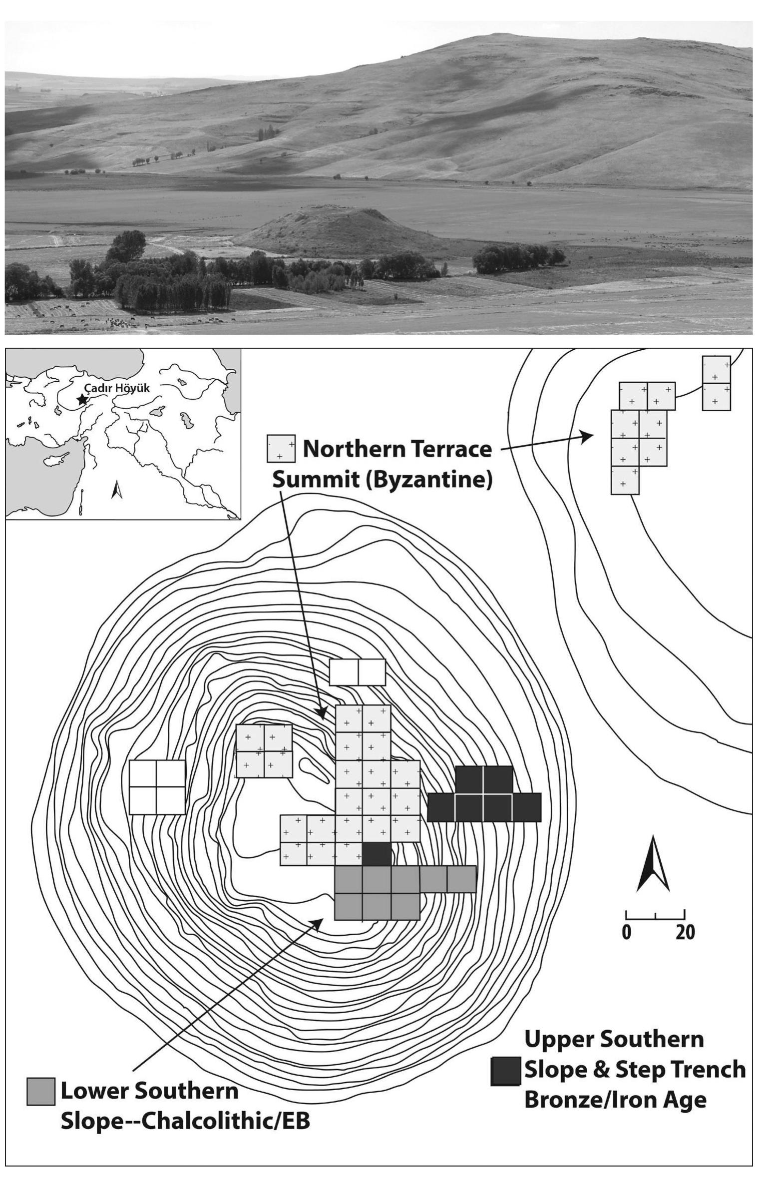 Fig. 9.1. Top: view of the Cadir mound looking south. Bottom: topographic plan of mound showing areas discussed in the text, with map of southwest Asia in upper left corner. 