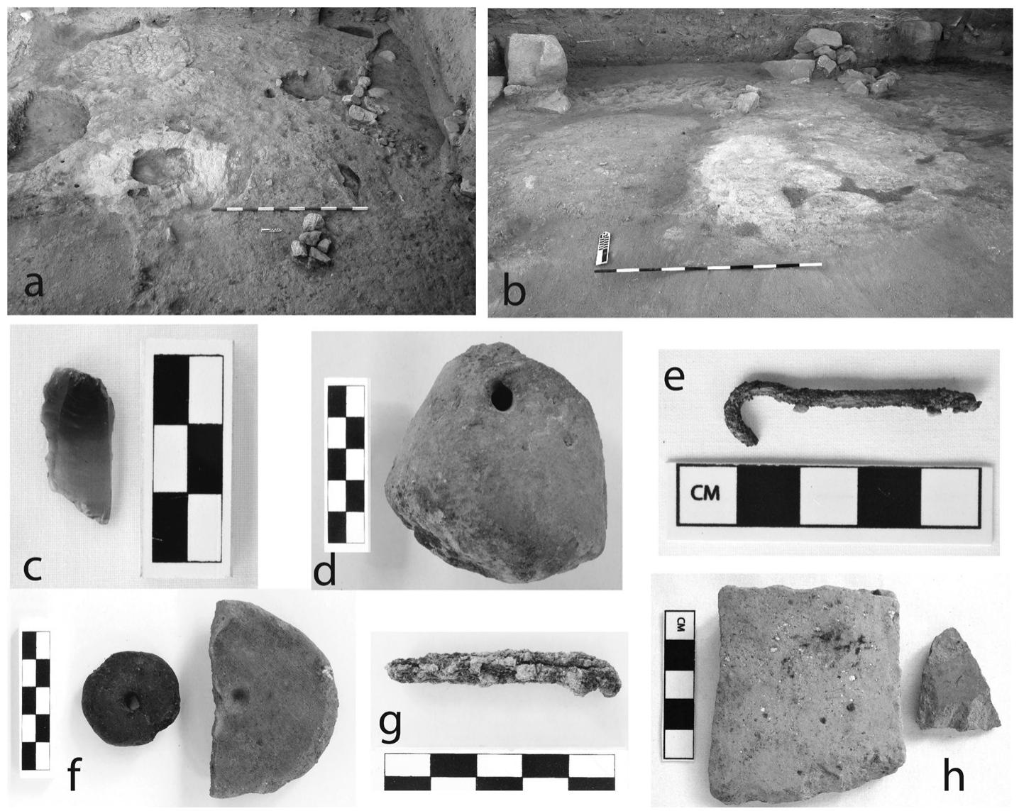 Fig. 9.3. Upper Southern Slope. a. Late Bronze Age installation; b. Early Iron Age plastered features; c-h. Early Iron Age finds, including obsidian blade (c), clay loom weight (d), copper alloy hook (e), modified sherds (f and h), and possible copper alloy needle (g). 