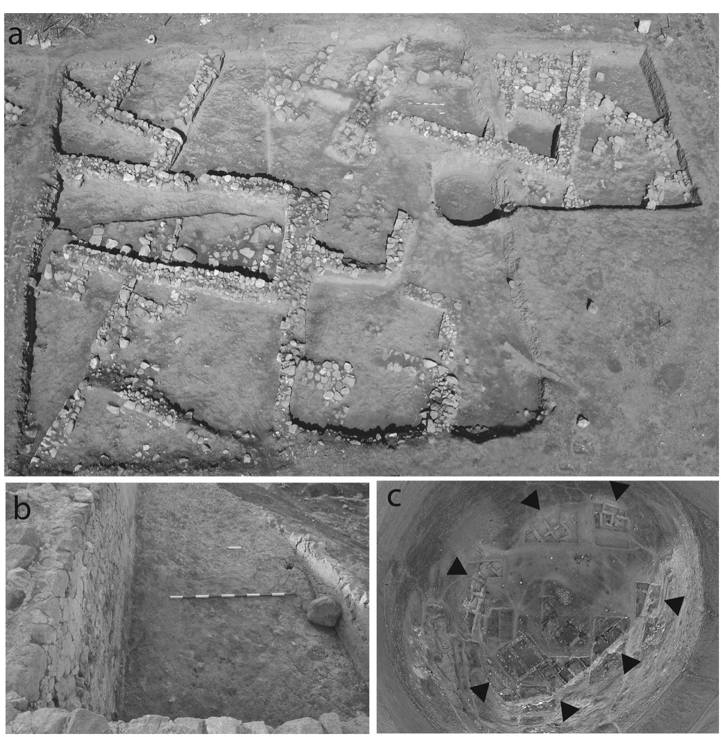 Fig. 9.4. a. North Terrace structure, looking west; b. Late Roman room excavated on southern edge of the mound summit, looking east. Floor was originally plastered, and walls were covered in painted plaster. Original structure had bricks that were painted on one end. East and south sides of room were incorporated into the fortification wall; c. aerial view of mound with black arrows showing excavated portions of the Byzantine fortification wall. The rooms around the inside of the wall had their foundations in the early Middle Byzantine period, while the structures in the internal part of the mound probably date to the early eleventh century. The original structures were used primarily for storage and processing. 
