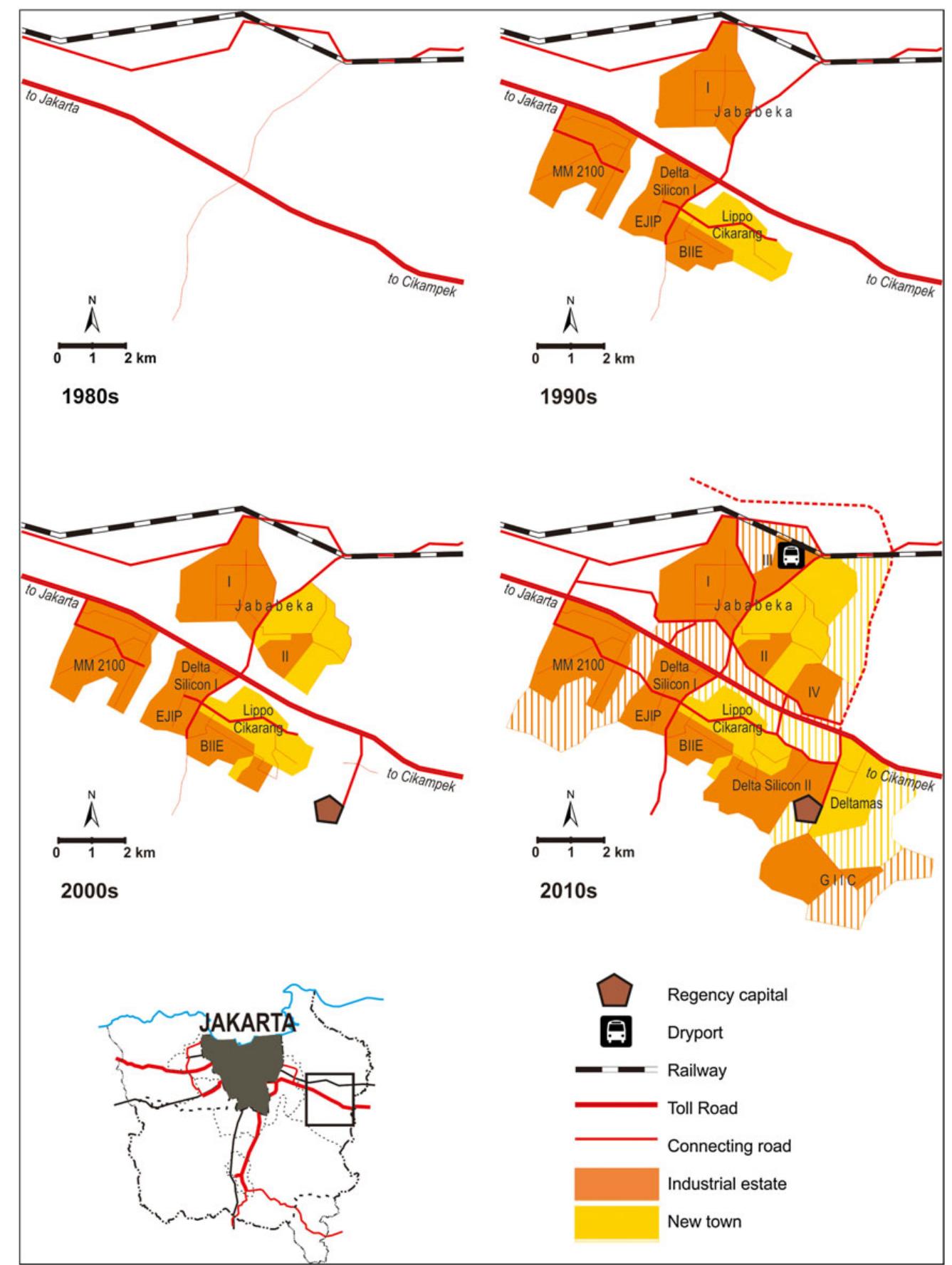 as a aaa a ae a © as  rural hinterland into JMA’s largest industrialized and urbanizing periphery (Figure 3). Seven private developers (industrial estate companies) can currently be found in Cikarang (Table 1). Most of the industrial estates were established and built between 1989 and 1990—except for Deltamas (Greenland International Industrial Centre), which was built in the early 2000s. Several of these companies were jointly created with foreign investors. For instance, Bekasi Fajar Industrial Estate and Marubeni Corporation from Japan established a joint company to build the MM2100 industrial estate. East Jakarta Industrial Park is also co-owned by a Japanese investor, Sumitomo Corporation. Another Japanese investor, Sojitz Corporation, made a strategic alliance with Sinarmas Land, a 