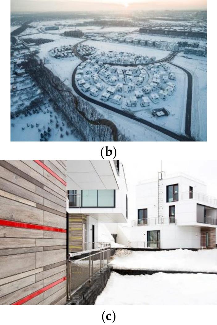 Figure 6. District 11—Skolkovo Innovation center inspired by emperor penguin social huddling: (a) Master plan design; (b) Skolkovo village district 11; (c) Skolkovo’s housings details. Images (a-c): reprinted with permission 2019 © Agence Bechu & Associés. 