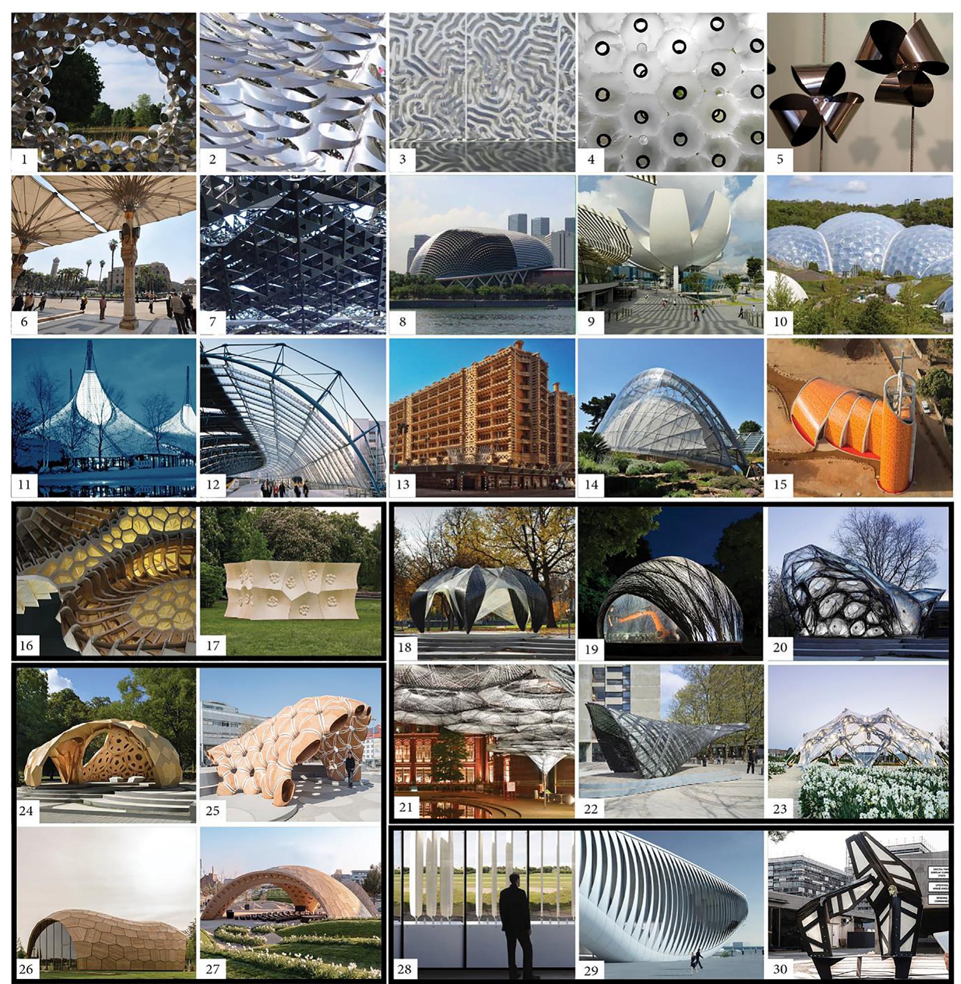 Fig. 2. Overview of the 30 Bio-BS. With permission from: (1) © PLY Architecture, (2) © DO SU Studio Architecture, (3) © Decker Yeadon LLC, (4) © Tobias Becker, (5) © Art and Build, (6) © SL Rasch, (7) Estelle Cruz CCO Creative Commons, (8) © Tom Ravenscroft, (9) © Tom Ravenscroft, (10) CC-BY-SA, (11) © Frei Otto, (12) CC-BY-SA, (13) © ARUP, (14) ©Oast House Archive, (15) © Regis L’Hostis, (16-30) © ICD/ITKE University of Stuttgart. 