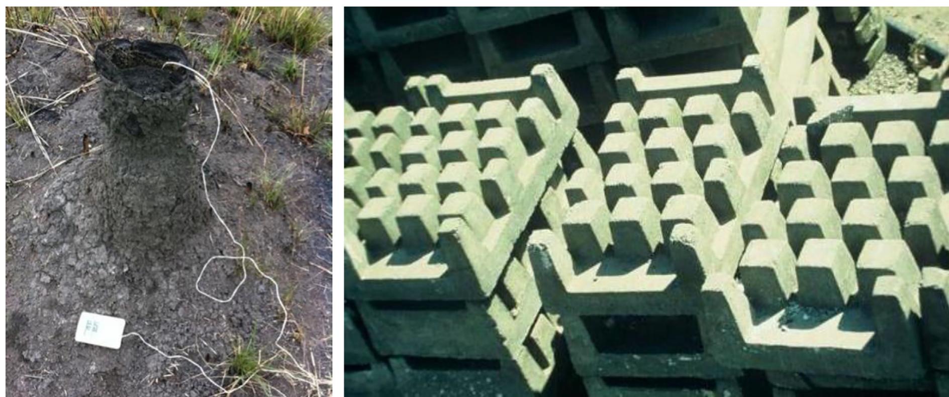 Fig. 4. Temperature measurements of termite mounds carried out by Mick Pearce (left), CC-SA-BY Licence, Mick Pearce. (b) Heat exchange floor under constructio1 abstraction of the biological principles of termite mounds, CC-SA-BY Mick Pearce. 