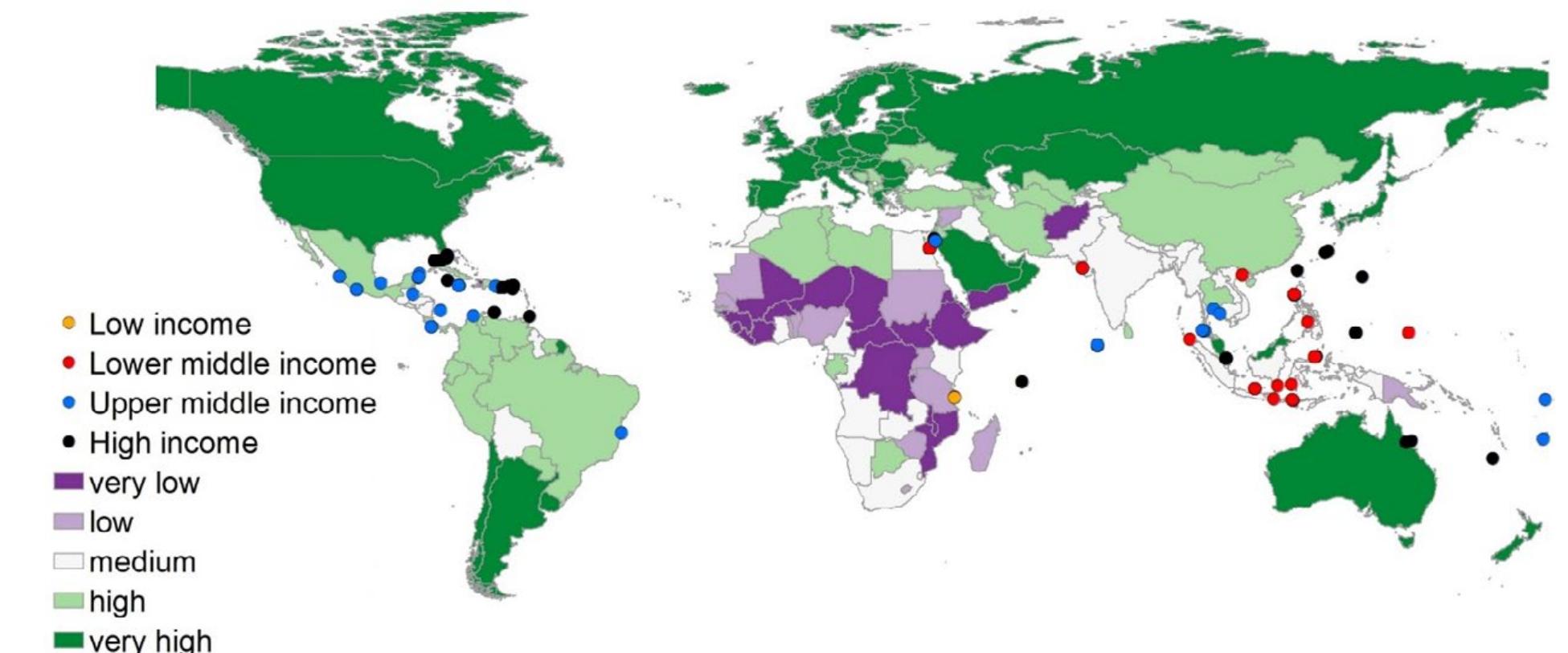Map of coral reef restoration projects reported in countries