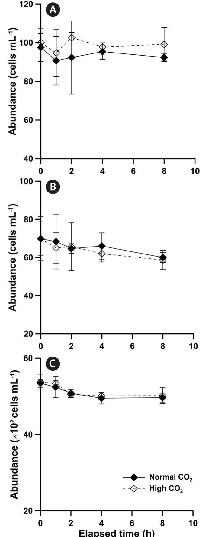 Fig. 2. Abundance of experimental organisms over time with the normal and high CO, level seawaters. (A) Thalassiosira eccentrica. (B) Akashiwo sanguinea. (C) Heterosigma akashiwo. Data are represented as mean + standard deviation (n = 3). 