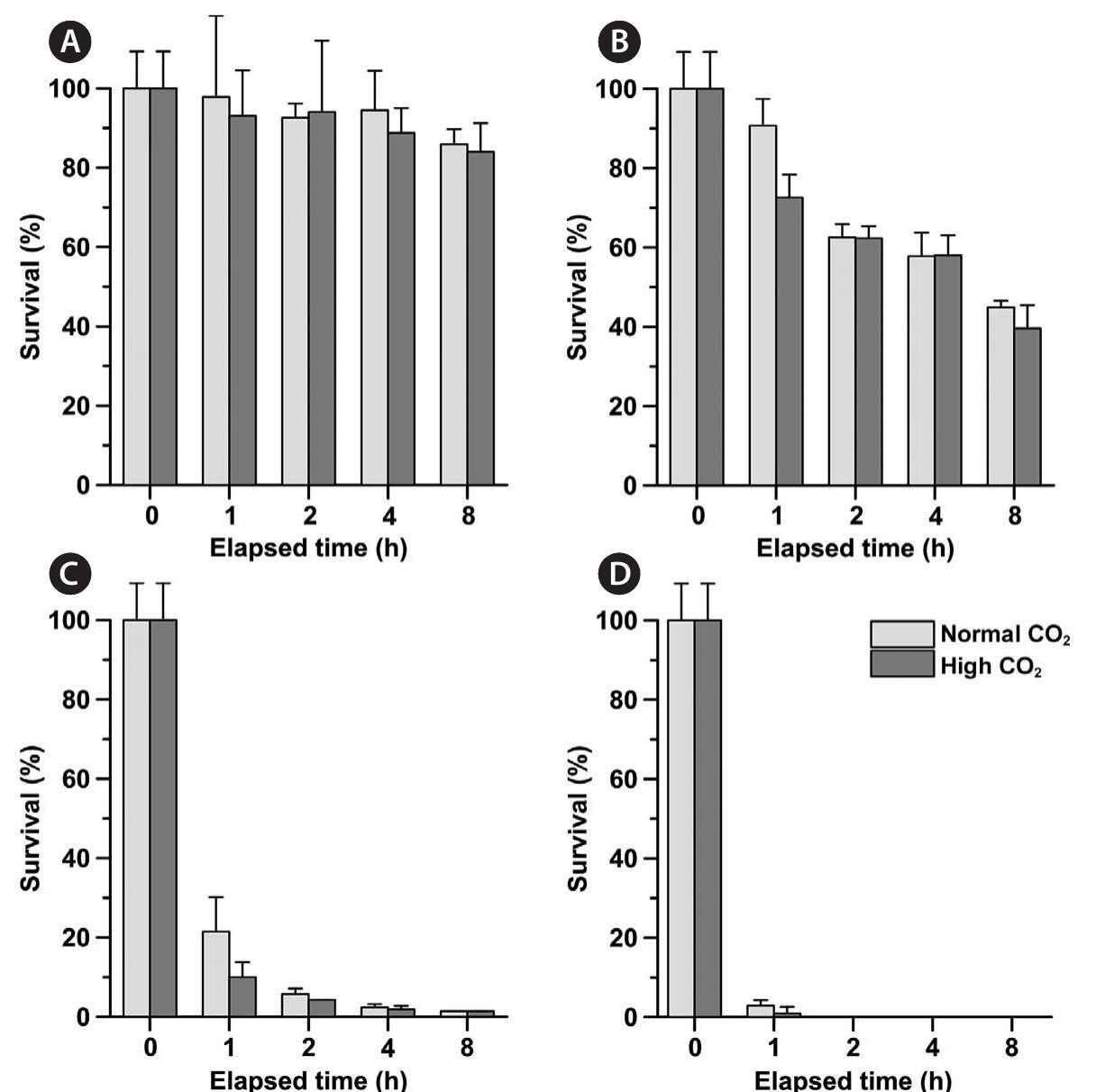 Fig. 4. Survival of Akashiwo sanguinea over time with the normal and high CO, level seawaters as a function of the sodium hypochlorite (NaOCl) concentration. (A) 0 ppm. (B) 0.5 ppm. (C) 1.0 ppm. (D) 1.5 ppm. Data are represented as mean + standard deviation (n = 3). 