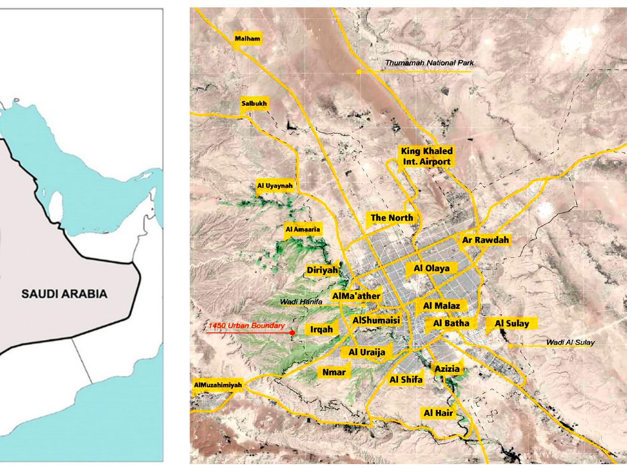 Riyadh city’s geographical location and 1950s map of riyadh.