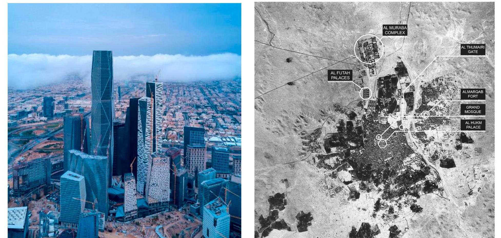 Riyadh city’s geographical location and 1950s map of riyadh.