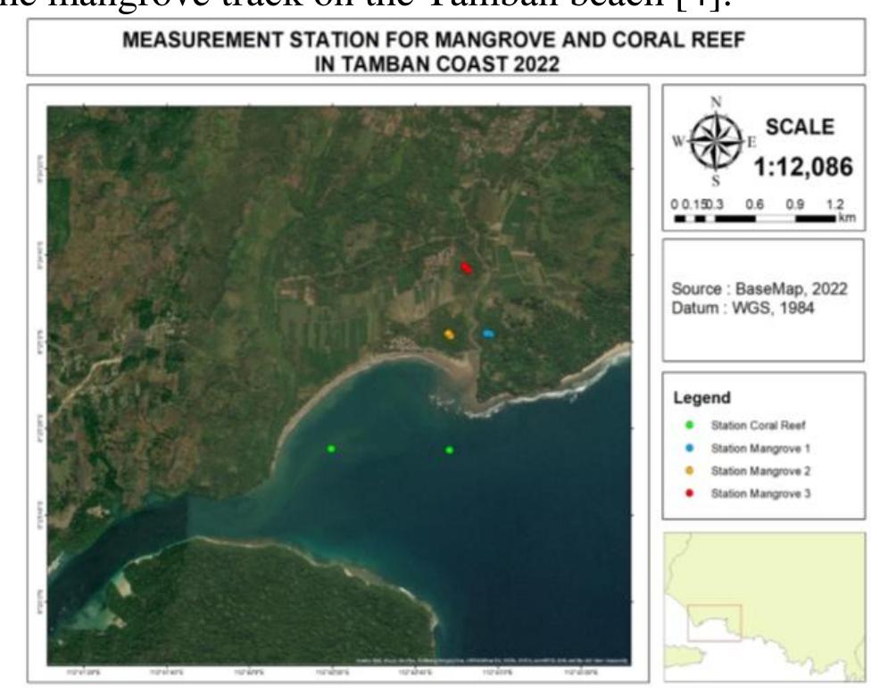 Map of the mangrove and coral reef measuring stations on the