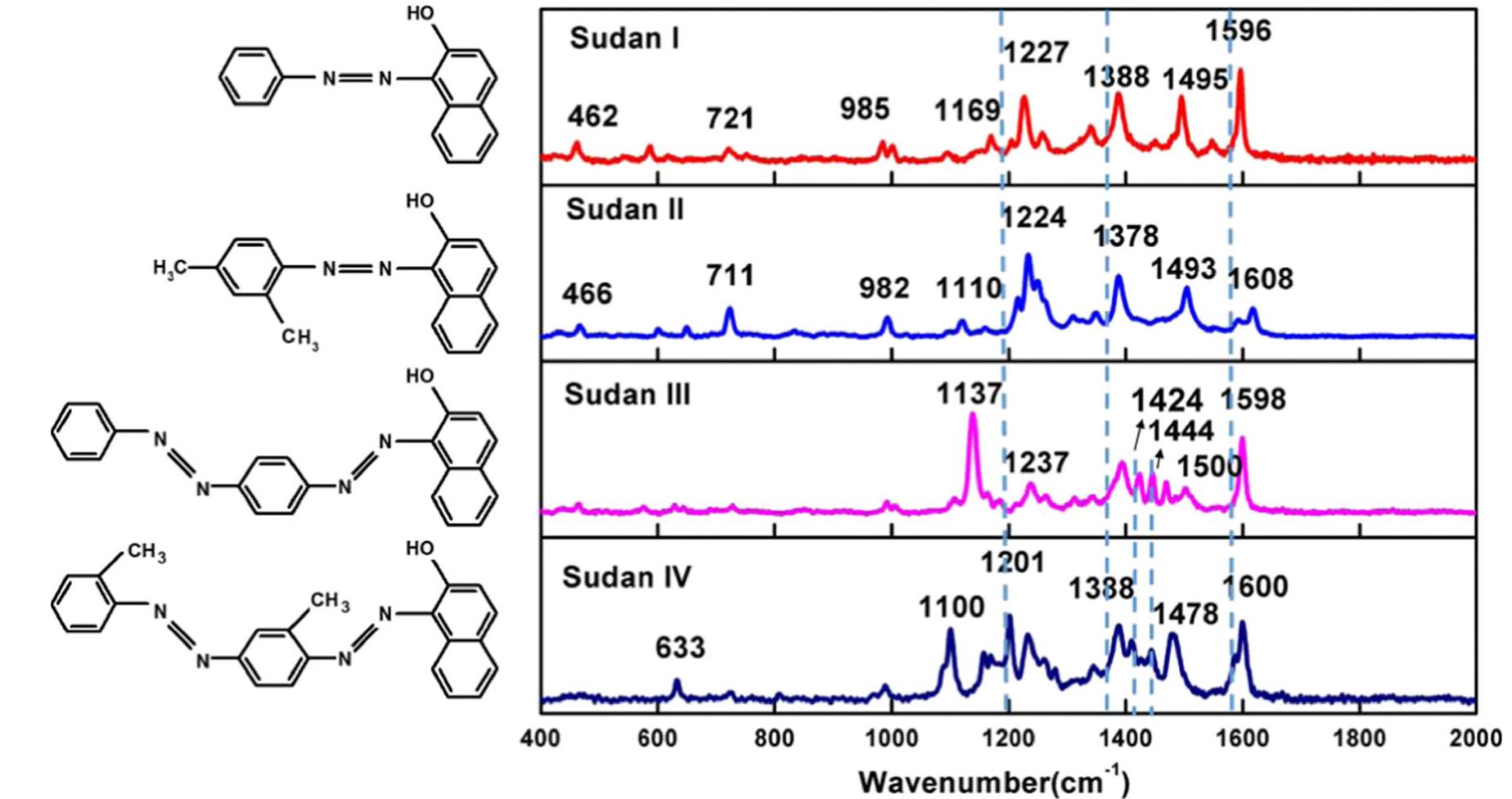 Fig. 1 Molecular structures and Raman spectra of Sudan I-IV  Delight 3.2.1 (Dsquared Development Inc., LaGrande, OR, USA) was used for qualitative (principal component analysis  Figure | shows the molecular structures and Raman spec- tra of Sudan I-IV, and the assignments for their major characteristic peaks are listed in Table 1. Since Sudan II, IH, and IV are derived from 1-phenyl-azo-2-naphtho (Sudan I), all four Sudan dyes have characteristic peaks at around 1227 cm | (C-O stretching vibration and CCH scissoring bending of naphthalene ring), 1388 cm ' (C=N stretching vibration and C-H in-plane bending) 1495 cm ' (C=N, N-N stretching vibration, and N-H in-plane bending vibration, except for Sudan IV), and 1596 cm! (C-C scissoring bending from the benzene ring and N=N stretching vibration) (Esme and Sagdinc 2013; Ferreira et al. 2013). For Sudan IV, the scissoring vibration and symmetrical bending of extra —CHs3 partially contribute to the shifting of peaks at 1495 to 1478 cm! (Dou et al. 2012). Sudan I and II exhibit less complicated Raman spectra than Sudan III and IV due to their rela- tively simpler molecular structure. Sudan II possesses ex- tra -CH3 groups compared to Sudan I, and therefore, the strength of its N=N stretching vibration was reduced,  