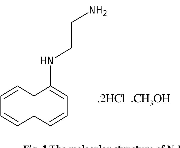 attention [1]. Using inhibitors is an important method of protecting materials against deterioration due to corrosion, especially in acidic media [2]. Acid solutions are widely used in industry, some of the important fields of application being acid pickling of iron and steel, chemical cleaning and processing, ore production and oil well acidification. As acidic media, the use of hydrochloric acid in pickling of metals, acidization of oil wells and in cleaning of scales is more economical, efficient and trouble-free, compared to other mineral acids [3]. Because of the general aggression of acid solutions, inhibitors are commonly used to reduce the corrosive attack on metallic materials. The effect of organic nitrogen compounds on the corrosion behaviour of metallic materials in aggressive solutions has been well documented [4-14]. Their choice is based on their stability as corrosion inhibitors for metallic materials in acidic media. Recently, the excellent inhibitory effect obtained by N-1 Naphthylethylenediamine Dihydrochloride Monomethanolate (N-NEDHME) [15] on copper corrosion in nitric acid, This encouraged us to test this compound in inhibtion of corrosion of steel in H2SOy,. In this work, the inhibiting action of N-NEDHME compound (Fig. 1) on the corrosion C38 steel in 0.5M H2SOx solution has been investigated. The gravimetric and electrochemical techniques such as _ potentiodynamic polarization, and impedance measurements were used in this study.  MATERIALS AND METHODS 
