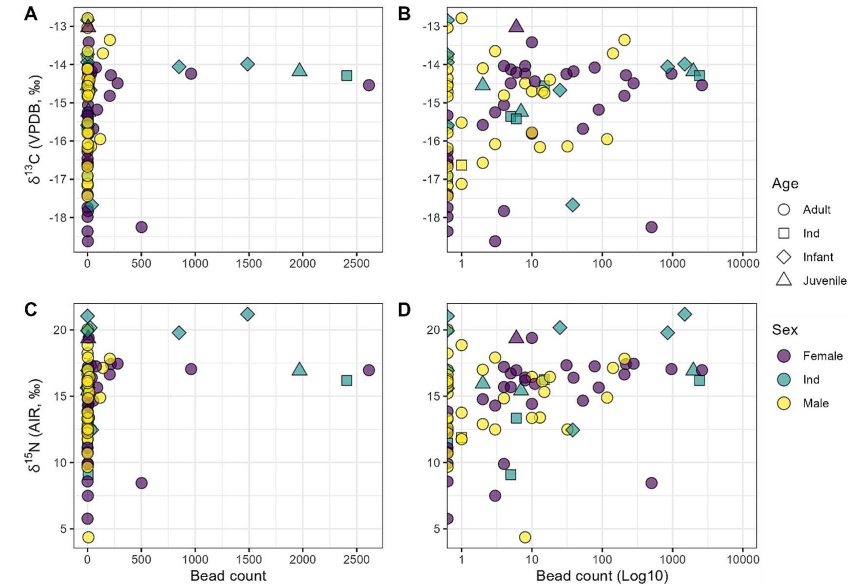 Fig. 5. Scatterplots displaying stable isotope values of carbon and nitrogen as functions of bead counts (A and C) and bead counts on a logarithmic scale (B and D). Abbreviations: Ind = indeterminate; F = female; M = male. 