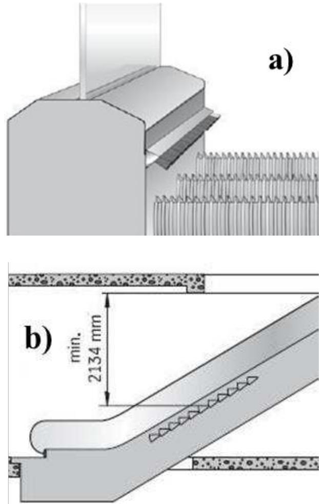 Fig. 7. Edge brushes (a) and minimum vertical distance of the stair surface from obstacles (b)  To protect the feet of passengers, edge brushes are placed on the sides in the lower zone of the bal- ustrade, Figure 7a, which is defined in [5] article 5.5.3. Figure 7b shows the minimum required verti- cal distance of the upper surface of the steps from the stationary object, which must be greater than 2134 mm along the entire route. For safe transport, the illumination of escalators in any part must not be less than 50 lux, according to [5] article 5.8.4. 