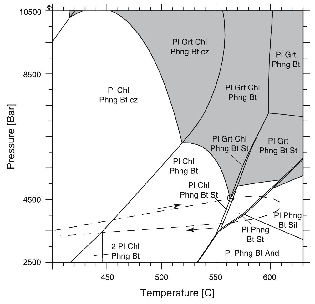 P-t phase diagram section illustrating the equilibrium phase
