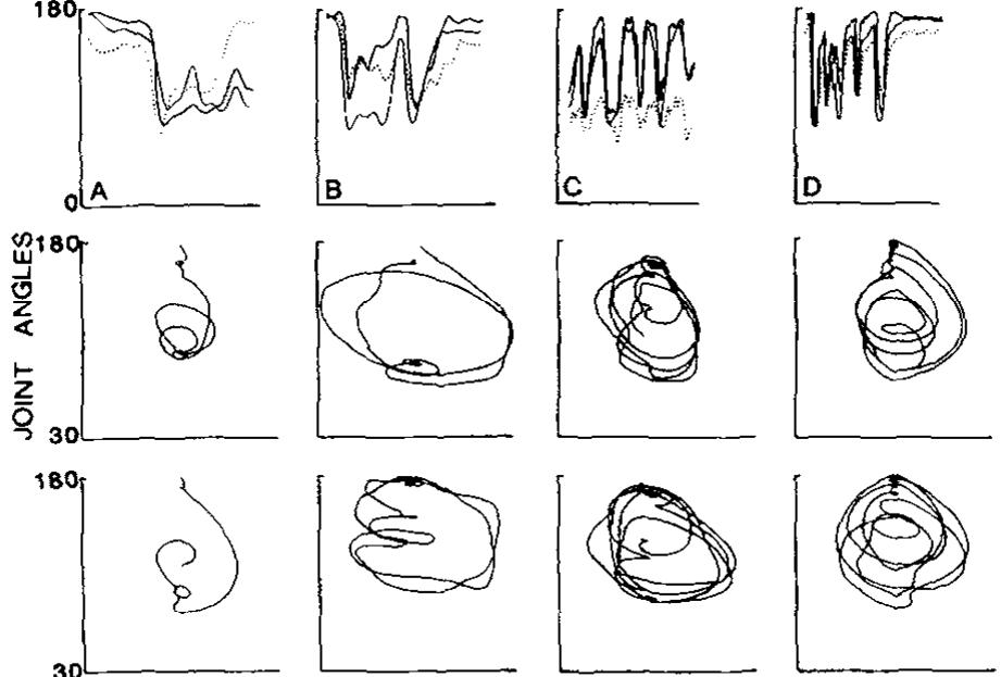 Fic. 4. Kicking movements in five premature infants. Top panel shows the displacement of the three joints (hip, knee, and ankle, as indicated in Fig. 2. Middle panel illustrates the corresponding phase plane trajectories of the knee, and the bottom panel, of the hip. X-axis designations for the top panel is time and for the middle and bottom panels, instantaneous velocity. Infants’ gestational (GA} and chronological (CA) ages are as follows: A. GA 28 weeks, CA 4 days; B. GA 35 weeks, CA 33 days; C. GA 36 weeks, CA 10 days; and D. GA 35 weeks, CA 31 days.  inherent in motor systems even prenatally, and certainly long before the acquisition of voluntary control. The top panels of Fig. 4 show the con-  ventional angular displacements of the hip, knee, and ankle joints versus  time for five apparently healthy premature infants. The interjoint coordi- nation in these premature infants is very similar to the full-term newborns  in showing tight synchrony of rotations. Even though the youngest pre- 