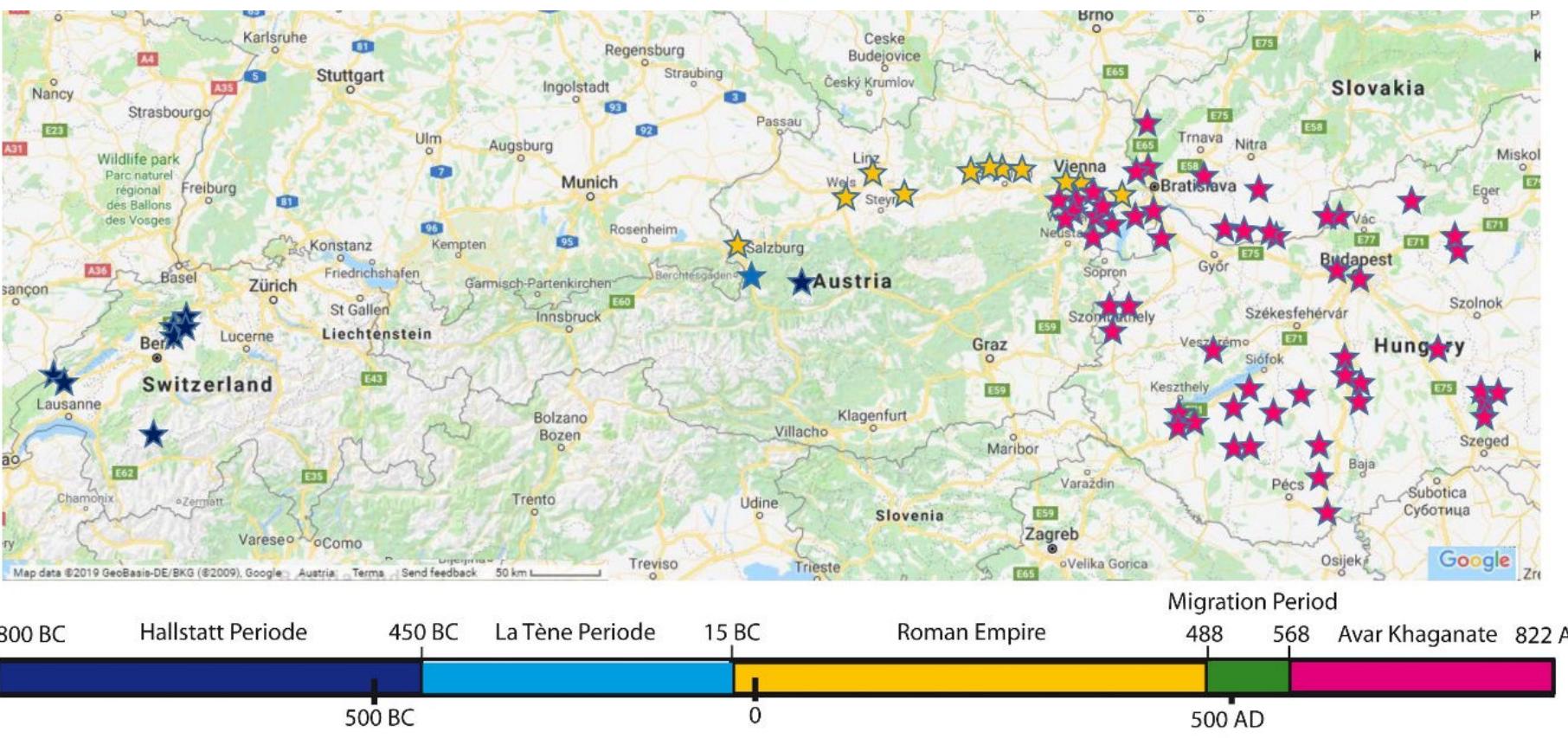 Figure 1: Map of sites with timeline. Map data: Google Earth/Google Maps; Design: B.M. Pomberger.  date to  the Early Iron Age, the Roman Period, and the Early Middle Ages.  The Hallstatt Culture (800-450/400 BCE) dominated the Early Iron Age in Central Europe. Fib-  ulae wi pendan bobbles each ot ourials,  th interlinked chains, rattling pendants and small cymbals, various combinations of ring ts (rings interlinked), fancifully created pendants with jingles and cage-like pellet bells, and  with jingles belong to women’s costume accessories of this period. When beaten against  her, their jingles and pendants create sounds. This sounding jewellery has been found in in both cremation and inhumation graves. The Prehistoric Department of the Natural His-  tory Museum Vienna houses a large part of the excavated objects from the famous Hallstatt ne-  cropolis in Upper Austria in its collection and still is excavating the site (Grémer and Kern 2018).  Although the first author of this article already investigated a large sample of the objects (Pom-  berger 2016: 112-41), there still remain some items to be examined and analysed. While cage-like  pellet b  ells and bobbles are rather rare in Hallstatt Culture, several of these artefacts were founc  in tumuli in western Switzerland (Drack 1966/67). They are now in the collections of the Bern His-  tory Museum (Bachmann-Geiser 2001) and the Archdologischer Dienst des Kantons Bern (Ramstein and  Cueni 2012). An ensemble of seven cage-like bobbles and house-shaped pendants, both with jingles.  originate from the Byéf skala cave, an Iron Age sacrificial site near Brno, Czech Republic, and are  now part of the collection of the Natural History Museum in Vienna (Parzinger et al. 1995). A large  number of bells are known from the Roman period. The bells investigated in this project come  from settlements and military camps along the Roman Limes at the Danube and its vicinity in Aus-  tria: luvavum/Salzburg, Ovilava/Wels, Vindobona/Vienna, Carnuntum/Petronell-Carnuntum and  Bad Deutsch-Altenburg, and Savaria/Szombathely in Hungary. They are housed in the archaeolog-  ical collections of the Salzburg Museums, the City Museum of Wels, the “Wien Museum”, the  “Stadtarchaologie Wien”, the Museum Carnuntinum, and the Savaria Museum. The pellet bells  “Stadtarchdologie Wien”, the Museum Carnuntinum, and the Savaria Museum. The pellet bells 
