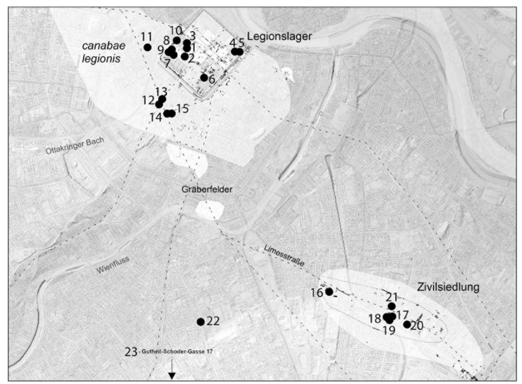 Figure 6: Distribution map of bells in Vindobona. Design: M. Mosser, Stadtarchdologie Wien © Stadtarchdologie Wien  1 small arterial road ran along the camp wall to the Limes road, two small bells were found. The ‘ivil settlement developed as early as the first century with houses along the Limes road, today the <ennweg in the third district of Vienna. Six bells from four sites are known from the settlement. ne comes from the Botanischer Garten/Rennweg 14, where a building with 19 rooms was exca- rated. The small bell was found in a paved courtyard (Chinelli et al. 2001; Kenner 1904: 165). At kennweg 44, where a residential, trading, and sales area was located in Roman times, three bells were found in a work pit, a storage pit, and a well (Miiller et al. 2018).  One bell was discovered at Rennwee 52 in a vit backfill (Mosser 2017). Another bell from the 
