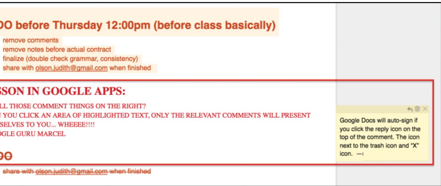 Fig. 19. The assignment details and project management notes inserted inside a document as a place to keep things needed for the project.  One team used the early document as a place by inserting schedules and actua images of their class schedule so they could find a regular time to meet. Anothe inserted a number of links to other examples of documents like the one they were t produce. In Figure 19, we show the notes from what the assignment was to contair from one document that was used as a place.  In one document, the first of the assignments, one teammate took the opportunity; 