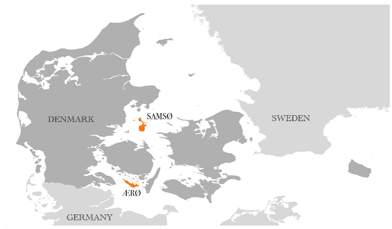Map of denmark with the two islands highlighted. map created