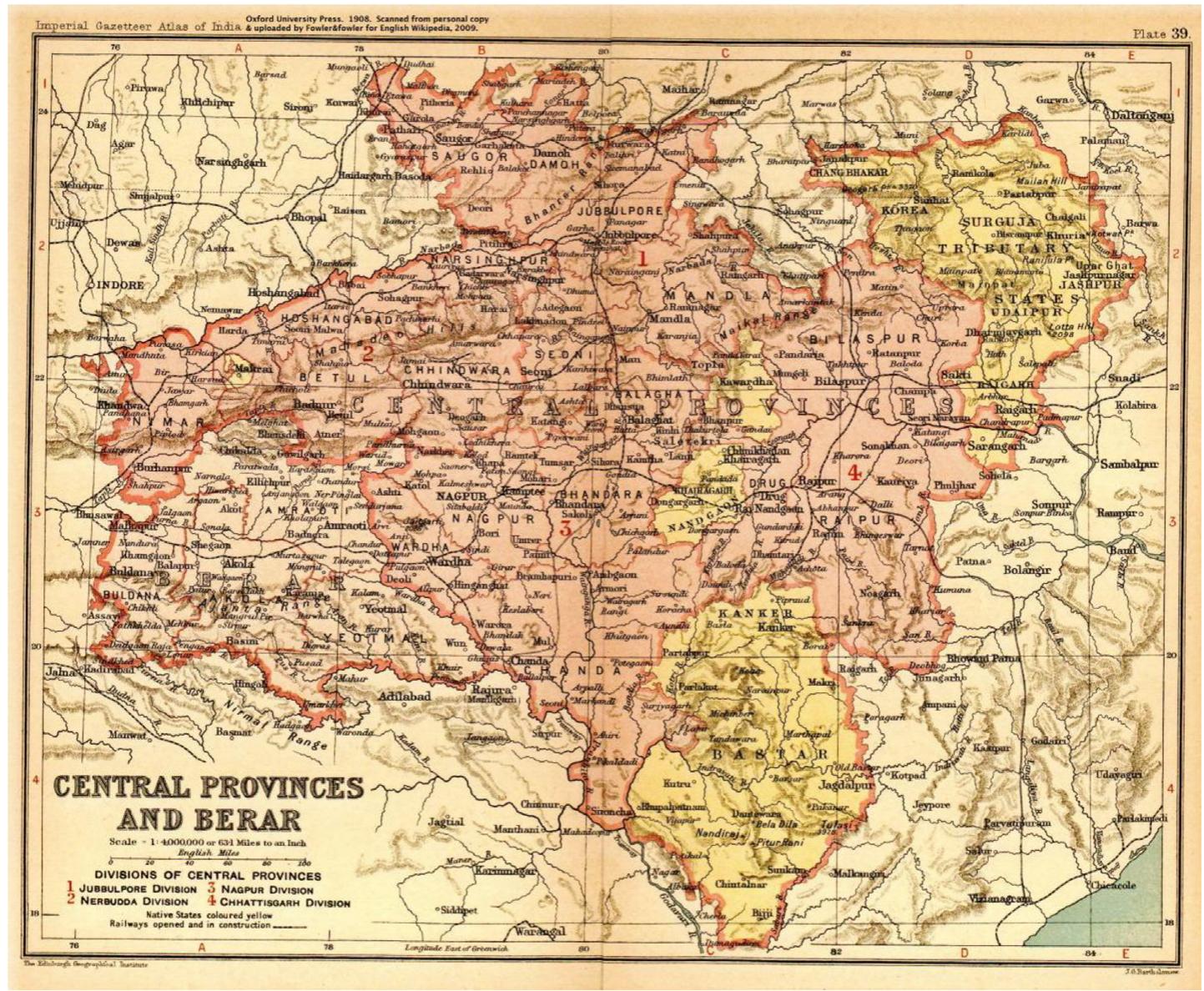 B. map of princely states and british direct rule in central