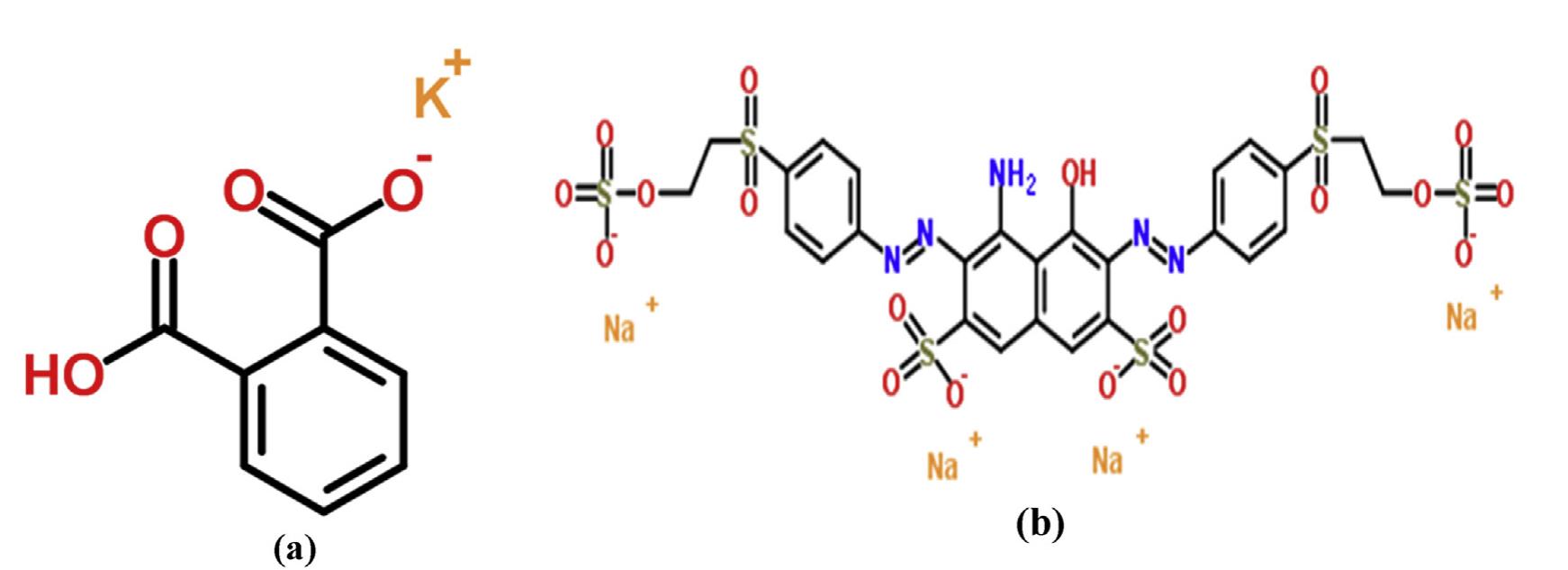 Fig. 3 — Molecular structure of Potassium hydrogen phthalate (KHP) (a) and Reactive black 5 (RB5) (b).  KHP solution is prepared by mainly following the proced- ure given by Standard Methods Committee [15], the concen- tration of the KHP is set twice as the standard COD solution. 850 mg of KHP is dissolved in deionized water and diluted to 1L. Potassium hydrogen phthalate theoretically has a COD of 1.176 mg O2/mg [26] therefore this solution has a theoretical chemical oxygen demand of 1 mg O,/mL [16]. Similar to the RBS solution, pH of the KHP solution is adjusted to 3 with the addition of H2SOx. The electrical conductivity of the solution is   The absorption of photons possessing energy equal to or higher than that semiconductor which is 3.2 eV for titanium dioxide [24]: 