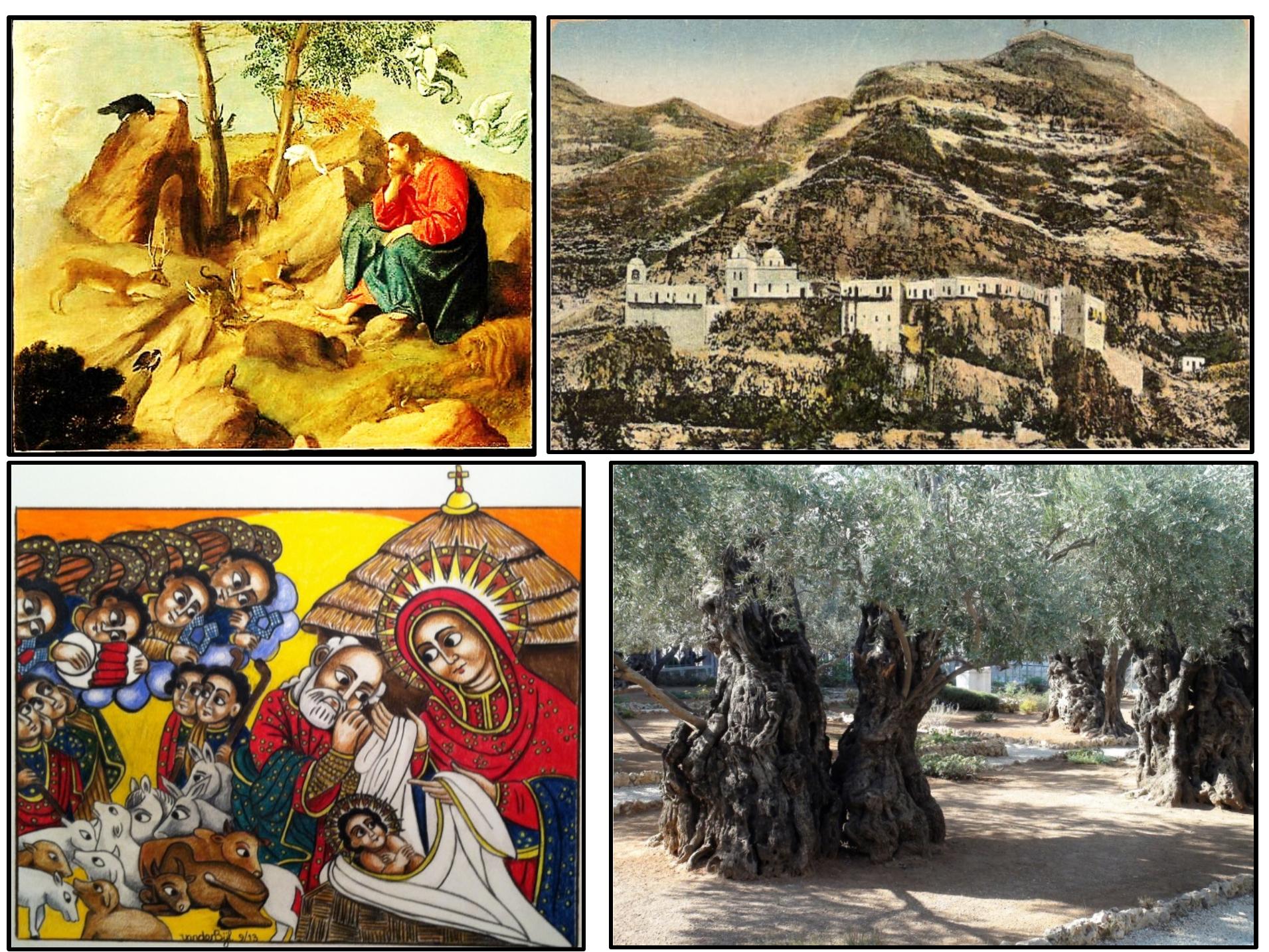 Clockwise from left top: icon of jesus in the wilderness,