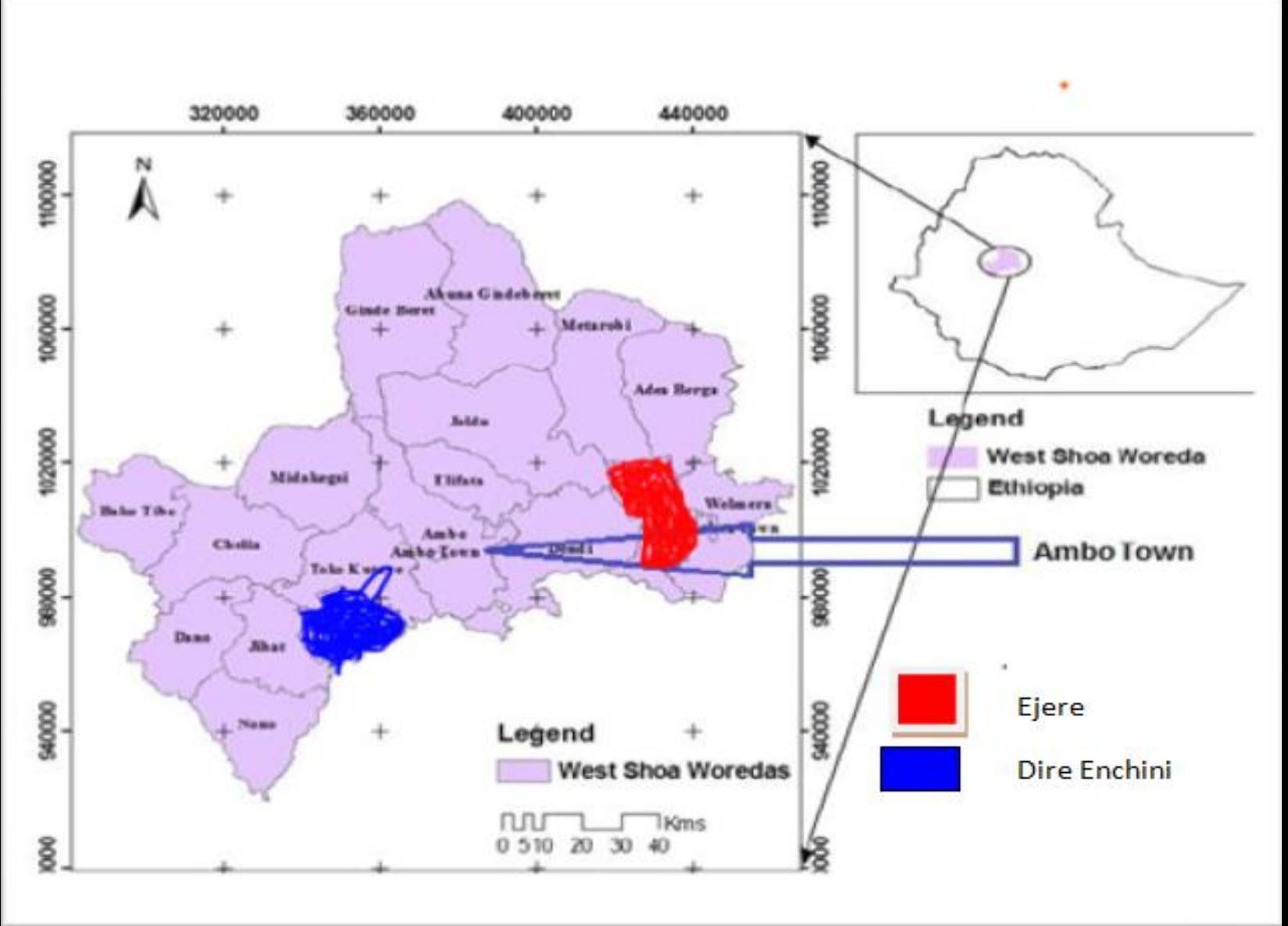 Location map of dire enchini and ejere districts 70 km from