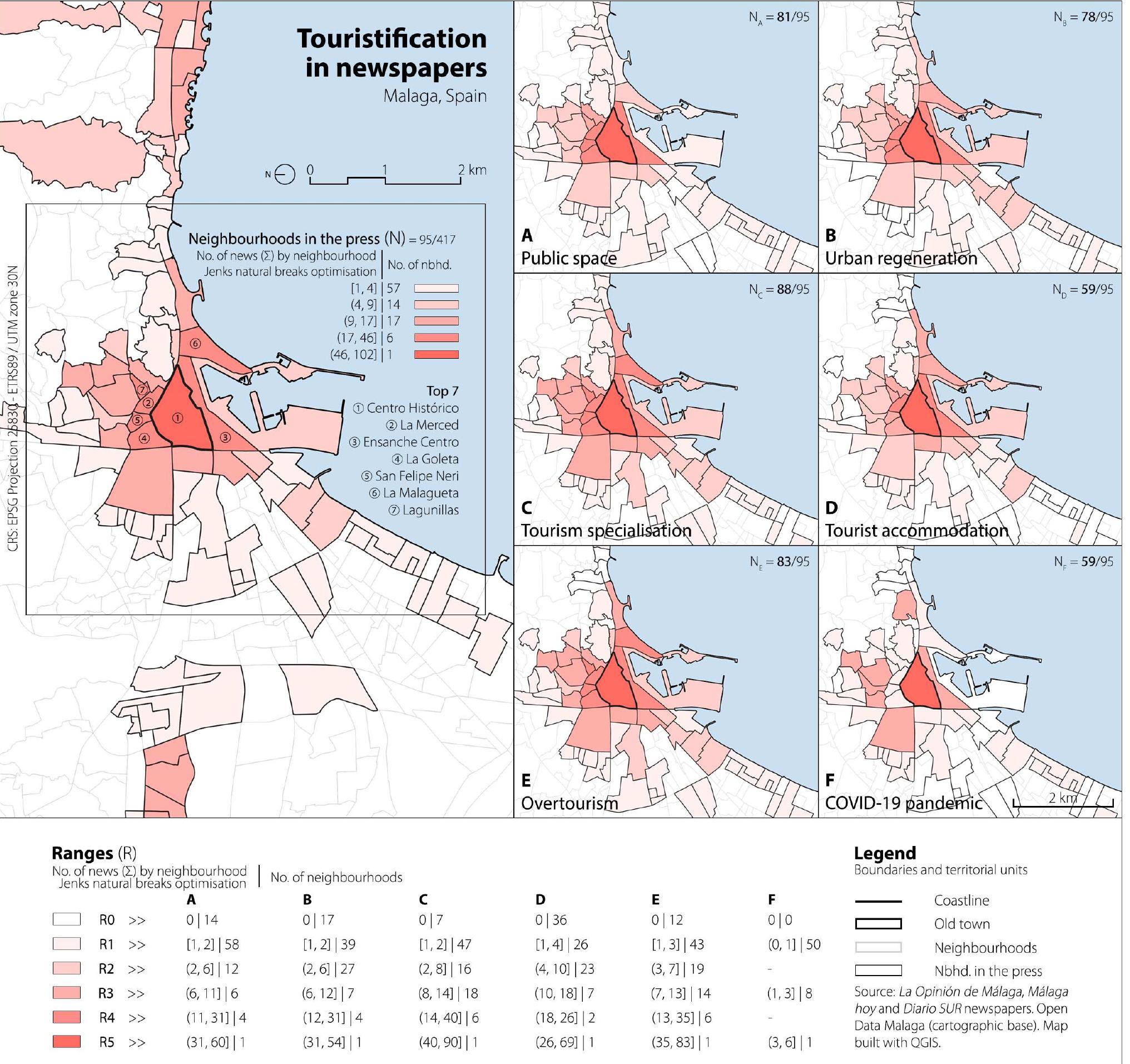 Figure 2 - Touristification issues in Malaga by neighbourhood in the pres: Source: Authors (2022).  All newspapers considered show differences in the number of news items published: La Opinidn de Malaga is in first place, with a total of 75 news items, followed by Mdlaga hoy and Diaric SUR, with 55 and 36 articles, respectively. Likewise, acontent analysis by categories shows differences in the topic published even spatially (Figure 2). It is pointed out that some topics feature repeatedly in a wide-ranging collection of news items about tourism issues (Table 3): 58.43% on access tc housing problems due to the lack of long-term rentals replaced by P2P accommodation (C4). This  topic is also related to its regulation (57.23%; D1) to avoid the displacement of inhabitants to the 