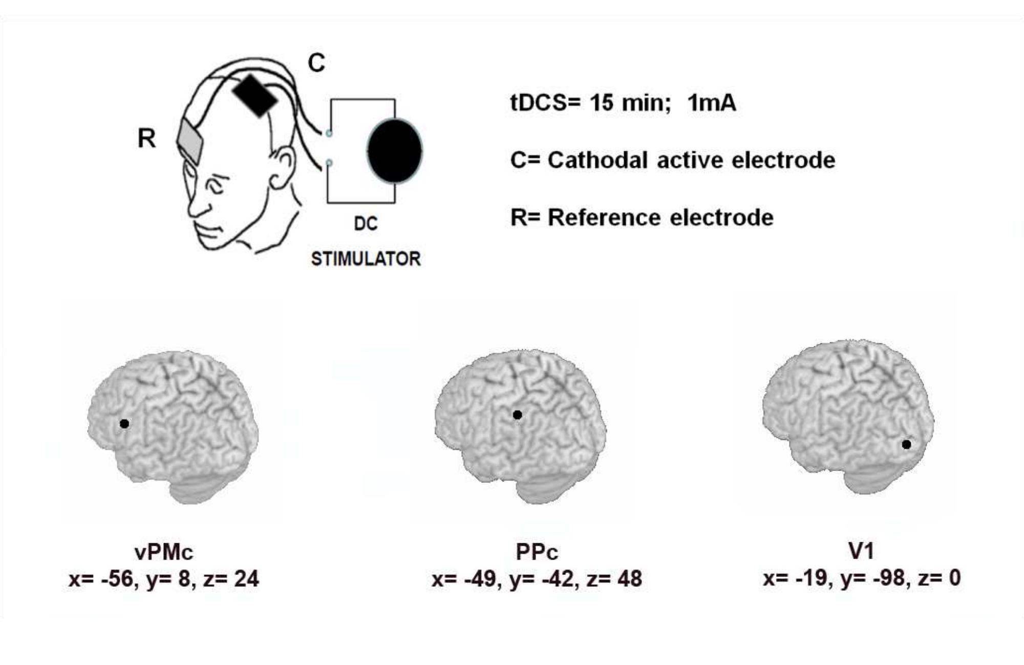 Figure 3.2. The upper part of figure shows transcranial direct current stimulation (tDCS) parameters and electrodes positioning. The lower part shows surface brain locations of tDCS.  n surface were x = -49.1 + 1.4; y= -42.3+ 1.1; z=48.0+ 1.8 and x =-18.7 40.9; y = -98.2 