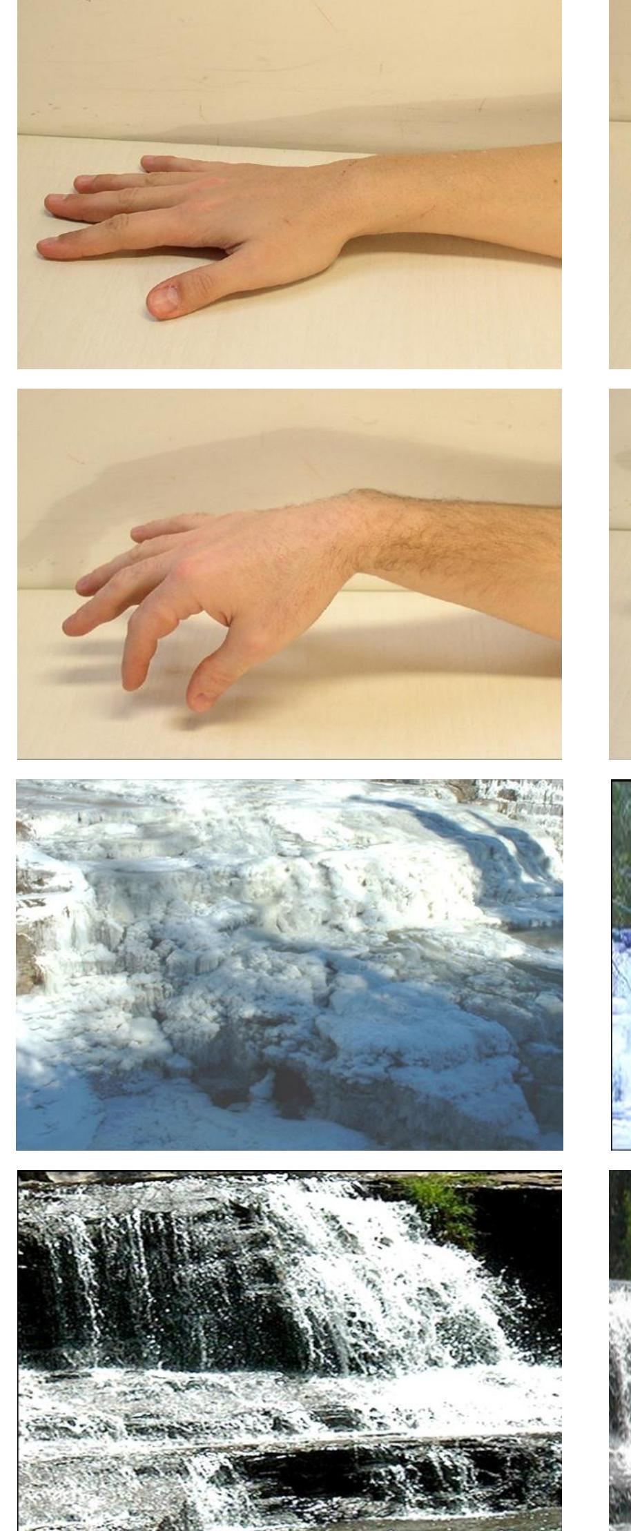 Figure 4.1. Visual stimuli (On the top from left to right : Still hand 1, Still hand 2, Hand-implied motion 1, Hand- implied motion 2, Icefall 1, Icefall 2, Waterfall (implied motion) 1, Waterfall ((mplied motion) 2).  adapted from a previous study (Urgesi et al. 2006, experiment 3; see figure 4.1). 