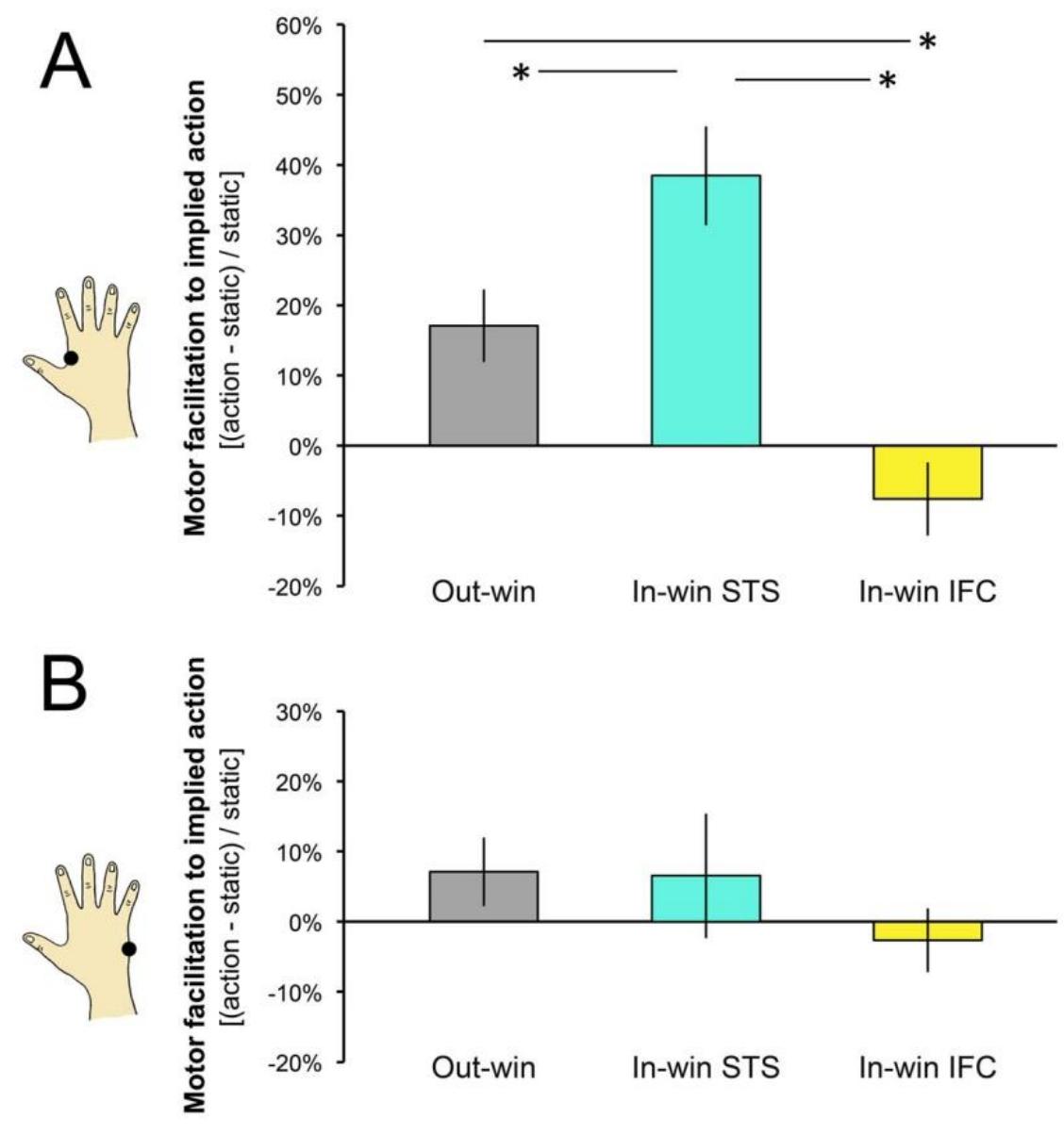 Figure 4.4. Motor facilitation to implied action stimuli recorded from the (A) FDI and (B) ADM muscle in the 3  different sessions. Asterisks indicate significant post hoc comparisons. Error bars denote SEM. (Adapted from Avenanti et al., 2012b). 