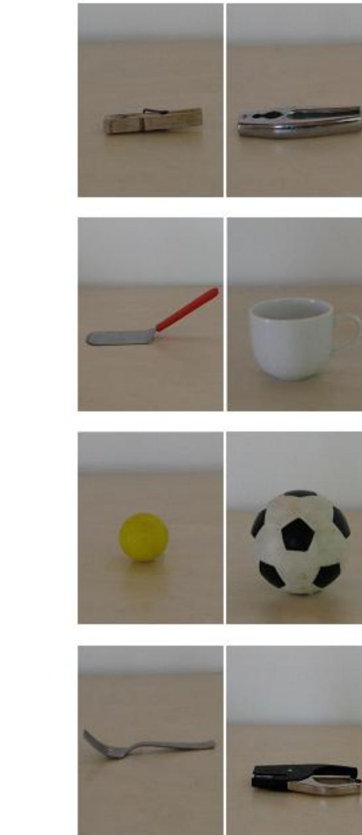 Figure 5.1. The eight couples of objects used for the video-clips of the AP task  pre-shaping during the reaching phase.  was visible. Indeed, prediction in the AP task involved the processing of hand trajectory and finger 