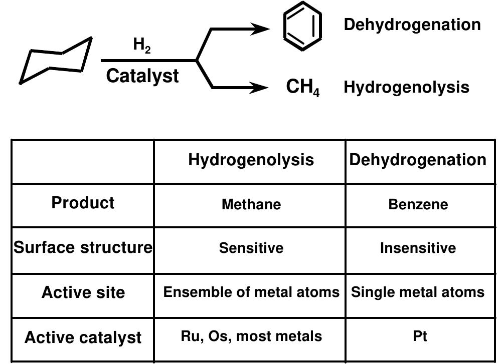 Figure 6. Catalytic dehydrogenation versus hydrogenolysis.  activities and selectivities at all reaction temperatures (250°C to 300°C) than t  he other  alloys or pure metals. In the best cases, the selectivity for dehydrogenation approaches 100%. We believe that the increase in selectivity comes from a selective poisoning of  the sites responsible for hydrogenolysis. Fe/Co alloys prepared conventiona very high purity do not show high selectivity for dehydrogenation unless they treated with methane or carbon monoxide at high temperatures in order to d  ly with are pre- eposit a  small amount of surface carbon. The sonochemical preparations inevitably  produce  catalysts with small amounts of surface carbon and hence with high dehydrogenation  selectivity. 