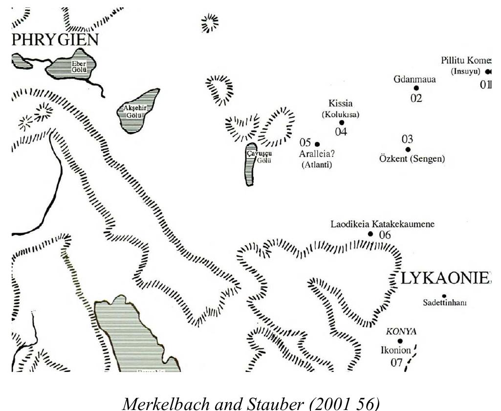 The next reference comes from Kana (Mitchell, DARMC, Kiesling, et al. 2021) in Lykaonia,”° which provides no more elements than its name and an onomastic hint that it may be related to the Lokrian Kane. An inscription found in Zivarik (Suwerek) (SEG 6:344)”! mentions Agia AAnov from the Kome Kana. The PN Admoc (KPN 55, § 55) recalls A/ponos (IACP 667, § 379) in eastern Lokris, and we could disregard it if there were no other notable signs of Greek influence, such as Atlanti (TIB IV 135-136), a modern toponym that recalls Atalanté (TIB I 126) in Lokris,”* considered to be the site of ancient Opous (Fossey et al. 2020). Furthermore, the original assumption that these Lokrians came from the Mysian Kane is supported by the attestation of a cult of the Meter Andeirene in Lykaonia.”* Andeira is a city in Troad (Belke 2020a 225-226),** but actually also a place in Lykaonia, probably near Sarikaya (Mitchell et al. 2012).”° The appearance of Aatnvoc (MAMA VII 212)”° at Kursunlu, which is probably confirmed by Lata (TIB IV 198),’ could refer to Aiatoc, probably the Carian equivalent of the Lokrian ObA1d5y¢. While Bremmis has puzzled scholars because of its uniqueness (Faraguna 1995 54), the Carian name of his son, Aiatoc?*, convinced Herda”’ to attribute the same origin to the father. In fact, the argument could be the other way around, as the name of Bremmis’ father, Aiatoc, may be the Carian equivalent of the Lokrian OvA1G6y¢, then not as “an example of double naming” (Adiego 2013 17), but rather as a true patronymic whose suffix -atos mimics the Greek -ades.  