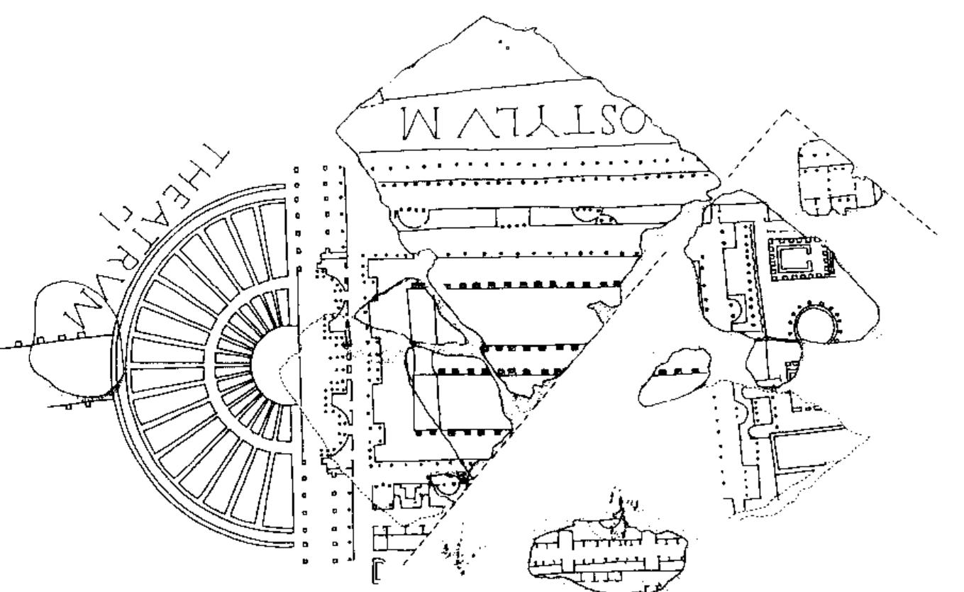 FIGURE I. Fragments of a Marble Plan of Rome, draughted c. AD 210, preserve the garden  features of the Porticus of Pompey. The dotted lines outline fragments now lost. The features of the theater and state are reconstructed from Renaissance sketches (after Carretoni 1960, and  Rodriguez-Almeida, 1983). 