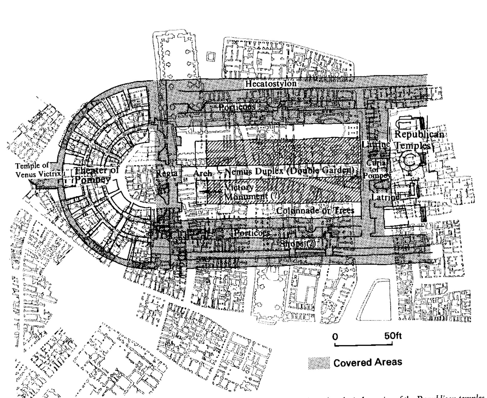 eb a ee - FIGURE 3. The restored plan is based on the Marble Plan, corrected on the basis of the archaeological remains of the Kepuoucan teniptes  to the east, and the foundations of the theater to the west. The ground floor plans of houses in the neighborhood preserve the alignment: of the ancient walls beneath the neighborhood, while the streets follow the promenades of the porticus. 