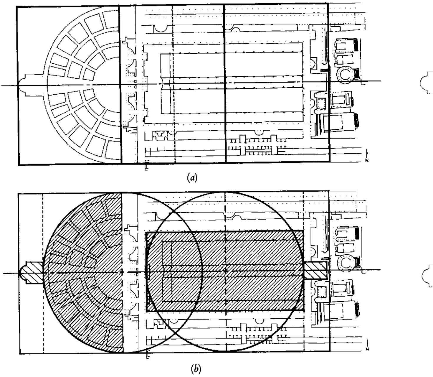 FIGURE 5. Metrological studies of the complex: (a) the central axis is laid out east-west, then the area of the project is determined by first dividing the length into halves and then thirds; (b) two circles inscribed after the tripartite division set out the theater and the length of the garden. 