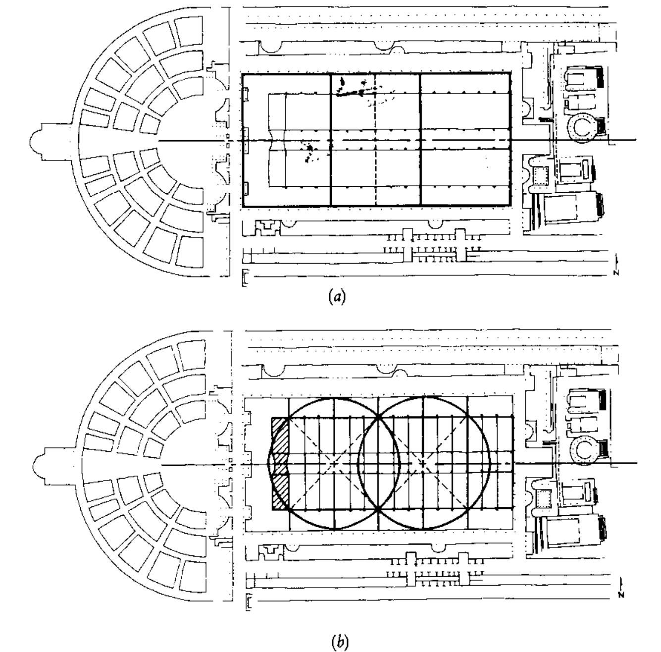 EIGURE 6. The same sequence is used to determine the garden layout. In (b) the circles determine the width of the garden. Subsequent subdivisions set out the rhythm of trees and statuary. 