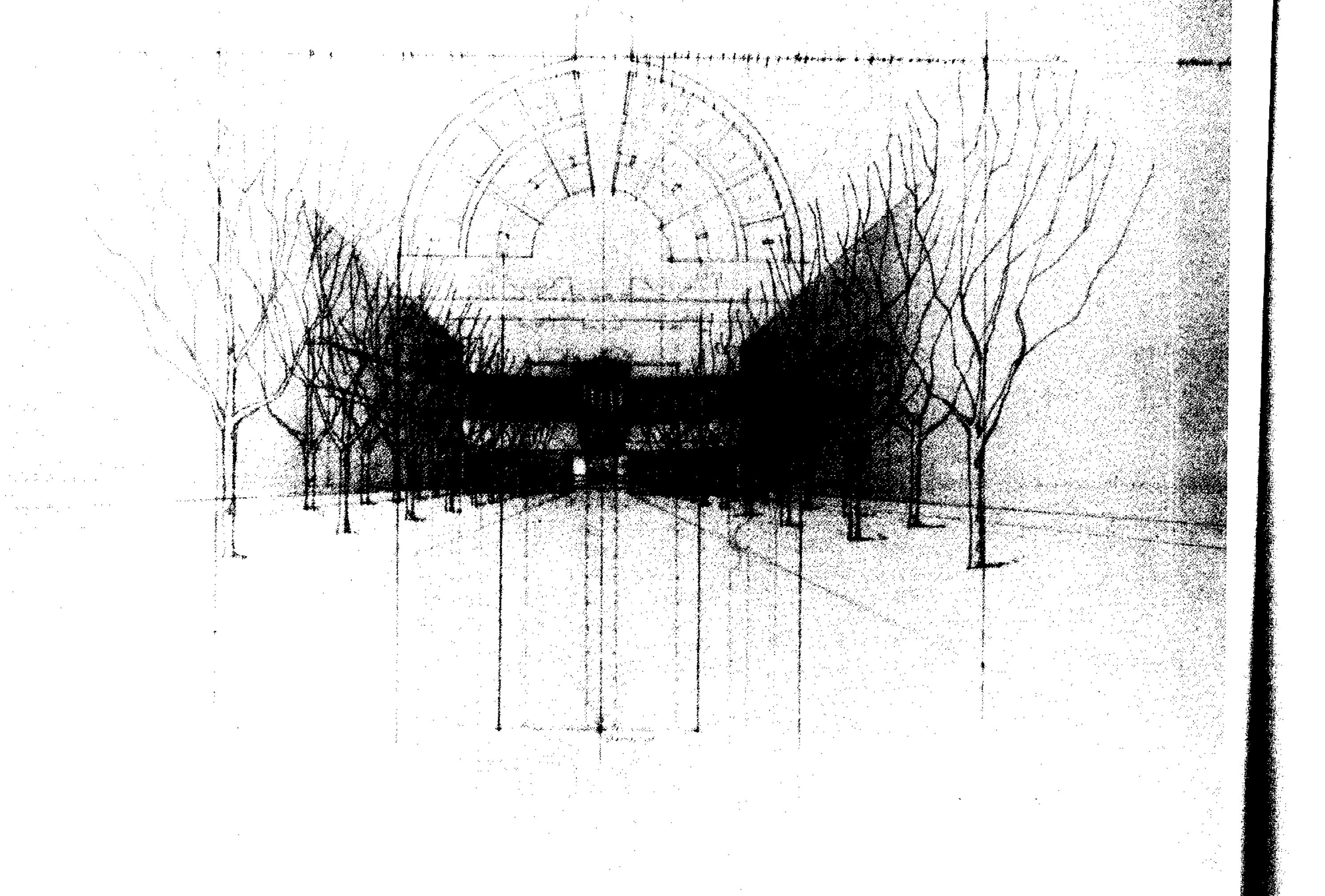 FIGURE 7. This preliminary perspective sketch demonstrates the role of the grove in structuring the vision along the central axis 