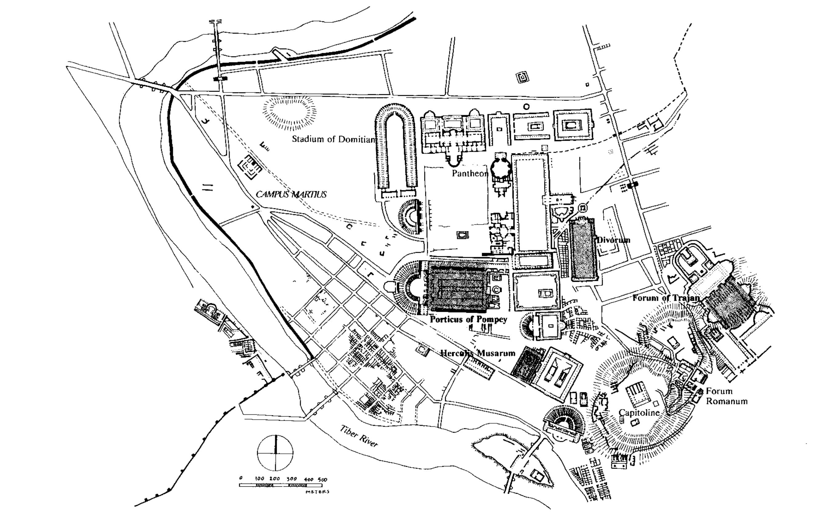 FIGURE 11. The Campus Martius at the peak of the development of its public gardens and architecture in the early fourth century AD. The porticus of the Severan Marble Plan are shaded and labeled. Several other porticus gardens are known in this area from the literary sources. 