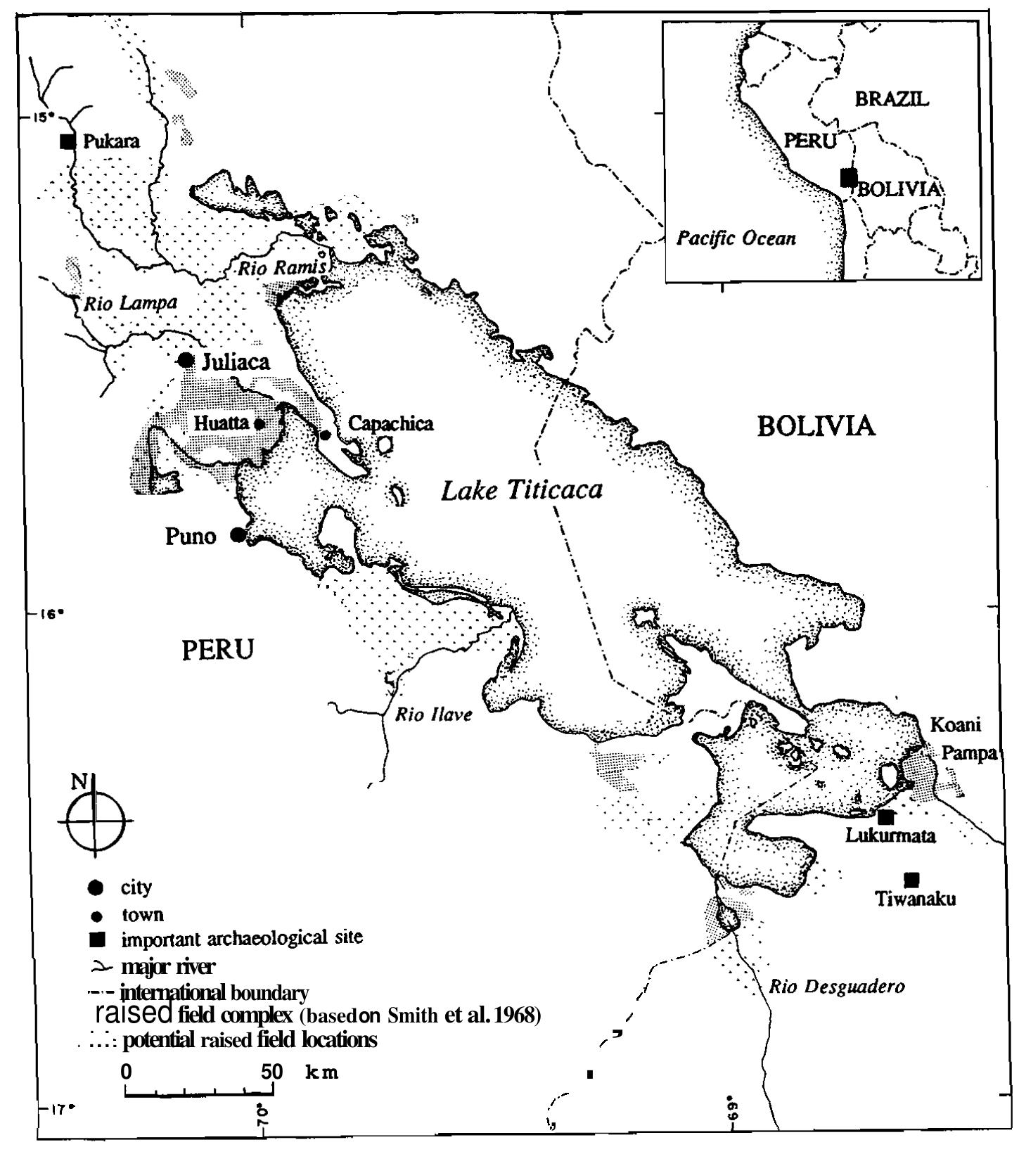 6.1. Locations of known and potential raised field remains in the Lake Titicaca Basin (after Smith et al. 1968) 