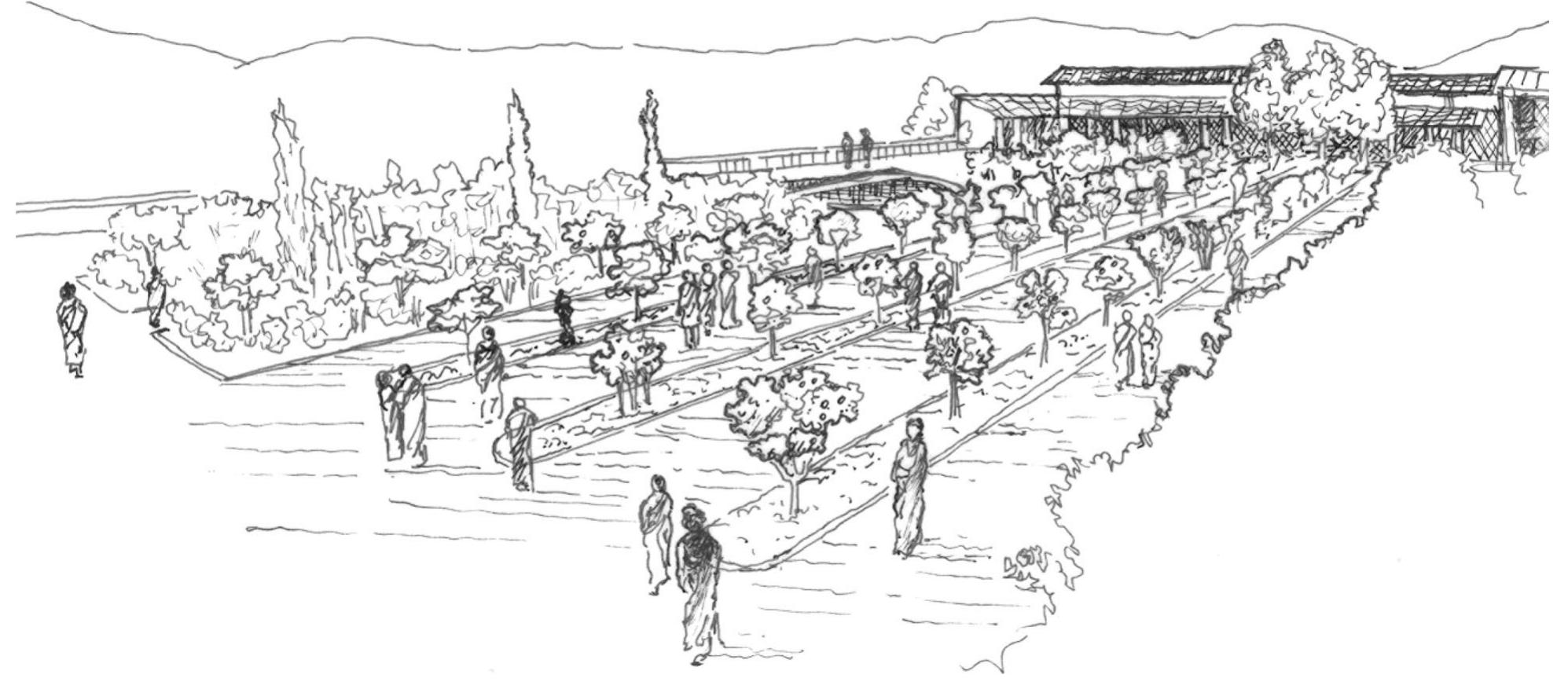 Fig.4 Perspective sketch of the strolling paths in the centre of the garden (author after J Grieshober) 