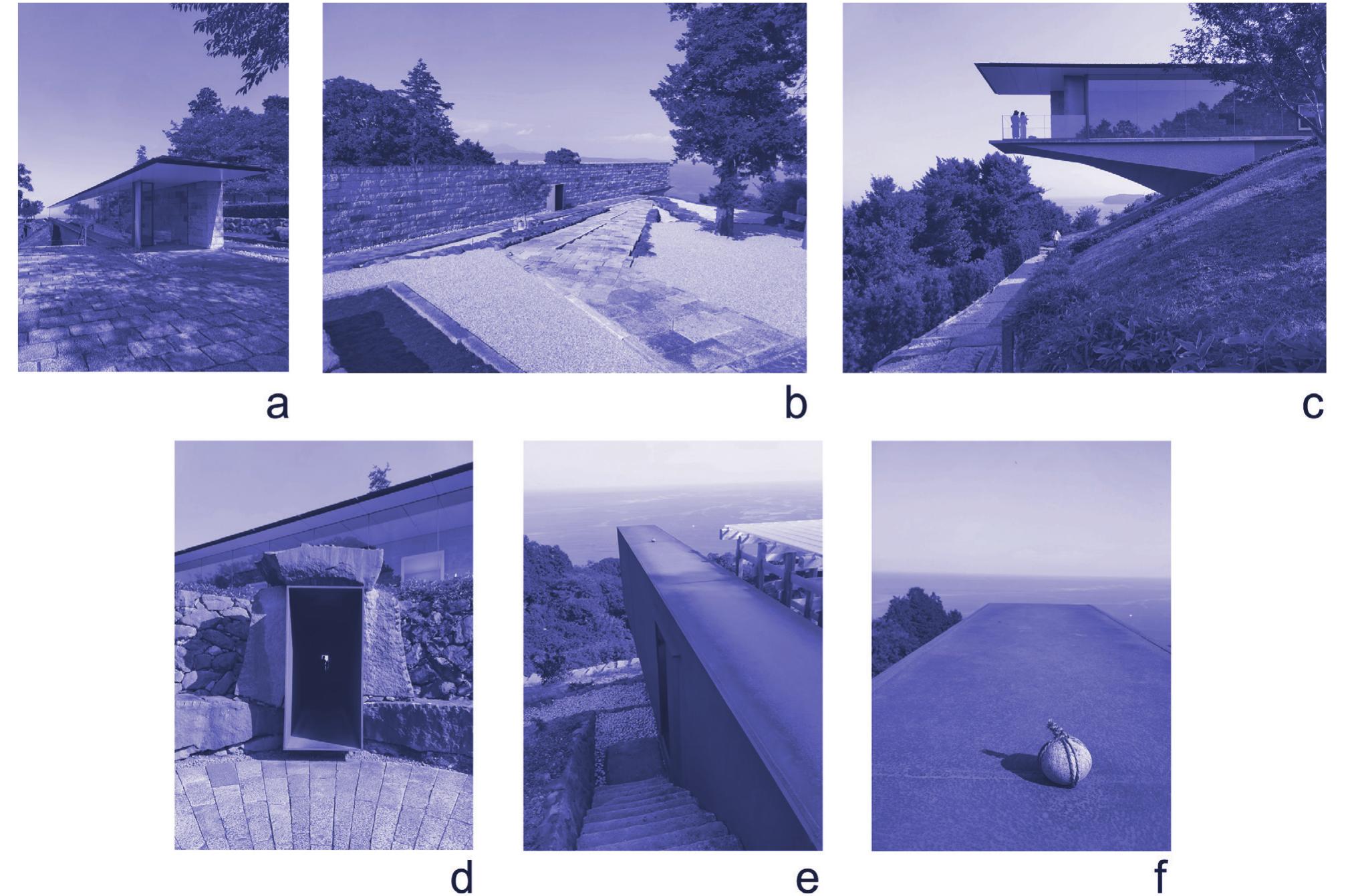 Fig. 2 - Sugimoto Hiroshi, Enoura Observatory, Kanagawa, Japan, 2017: a/b/c) outer views from the Summer Solstice Light-Worship 100-Meter Gallery; d/e/f) outer views from the Winter Solstice Light-Worship Tunnel / Light Well (Photograph credits: courtesy of Soga Haruka). 